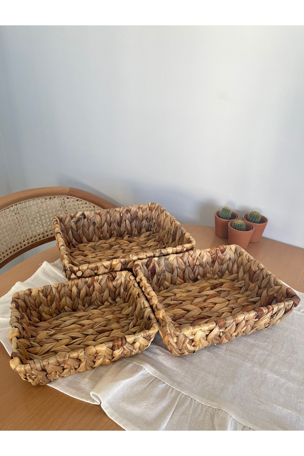 El Örgüsü Doğal Hasır Sepet Seti - 3'lü Dikdörtgen