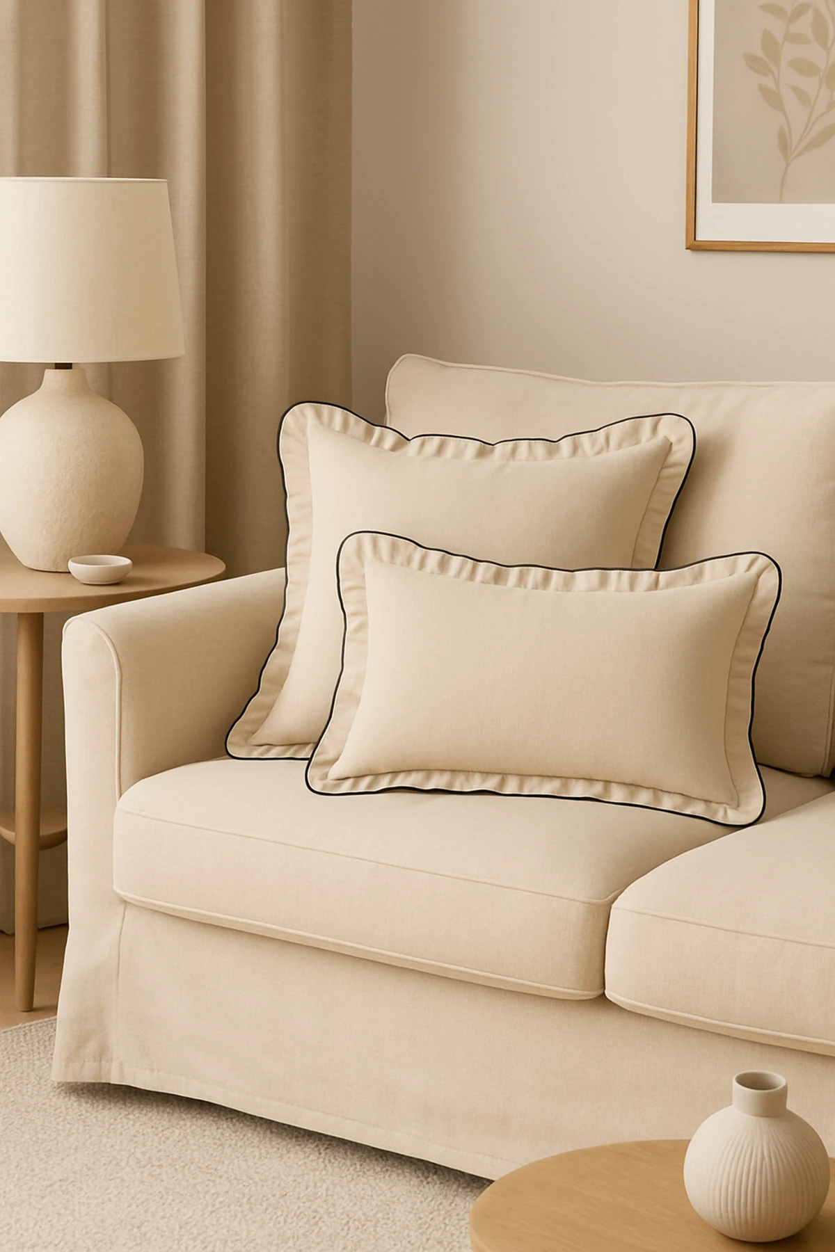 Biyeli Fırfırlı Kırlent Kılıfı - Bej Dekoratif Yastık Kılıfı