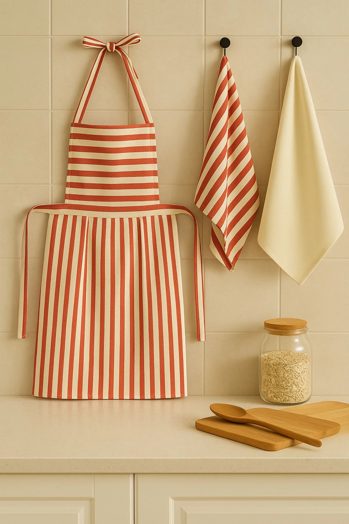 3’lü Çizgili Keten Mutfak Önlüğü ve Kurulama Bezi Seti - kırmızı