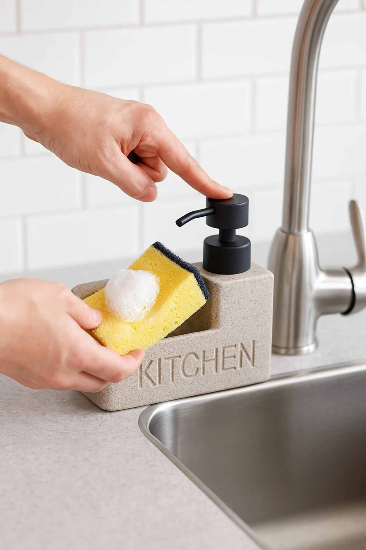 Sünger Gözlü Porselen Sıvı Sabunluk | Mutfak Sabunluk Taş Görünümlü Pompalı Deterjanlık