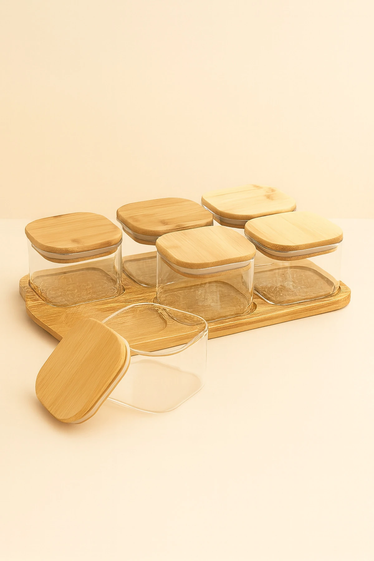 6’lı Bambu Kapaklı Cam Kahvaltılık Seti | Sızdırmaz Kapaklı Cam Saklama Kapları