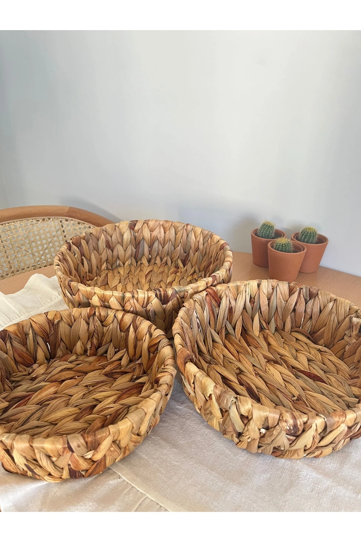 El Örgüsü Doğal Hasır Sepet Seti - 3'lü Yuvarlak