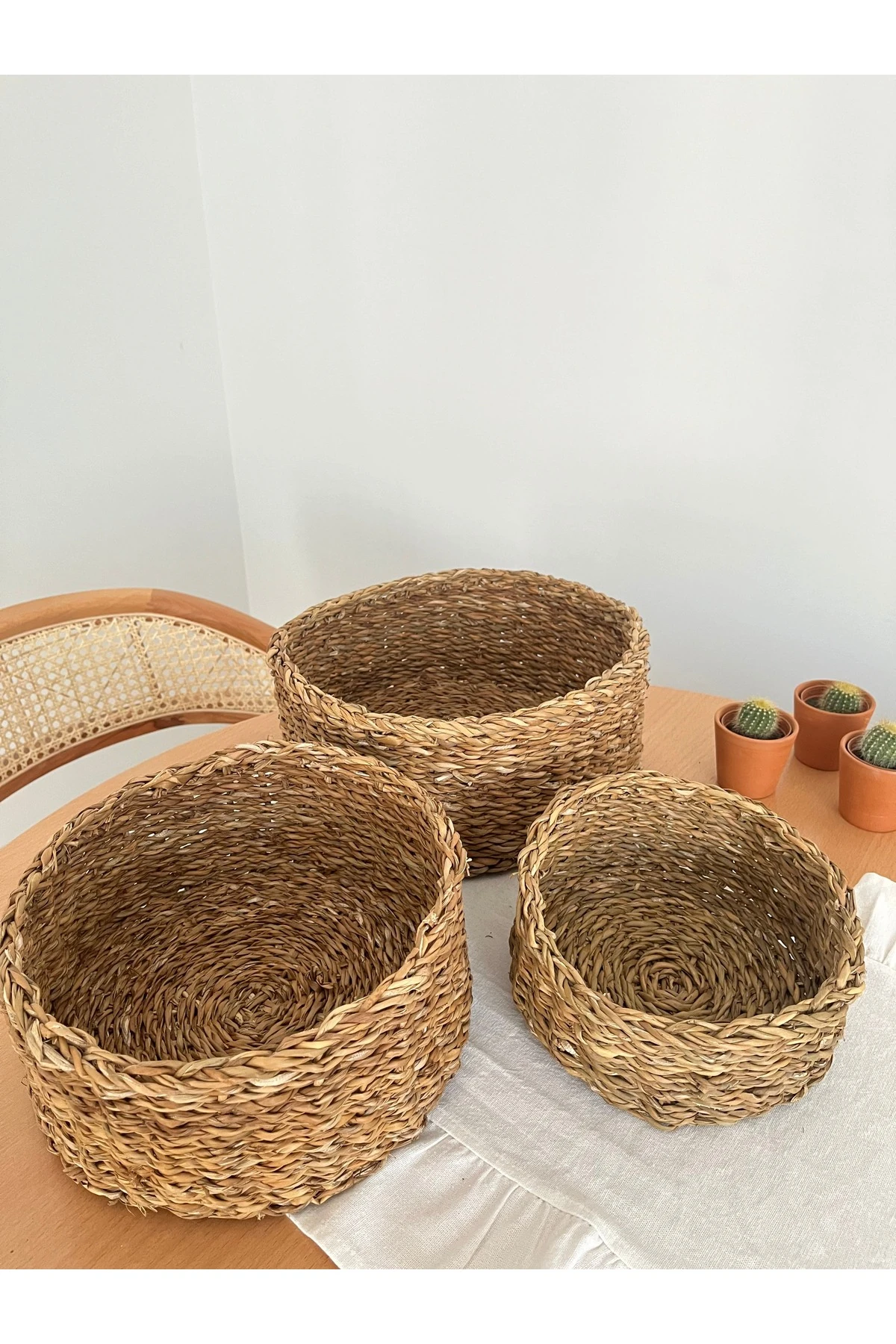 Doğal Yuvarlak Hasır Sepet Seti - 3'lü Hasır Sepet
