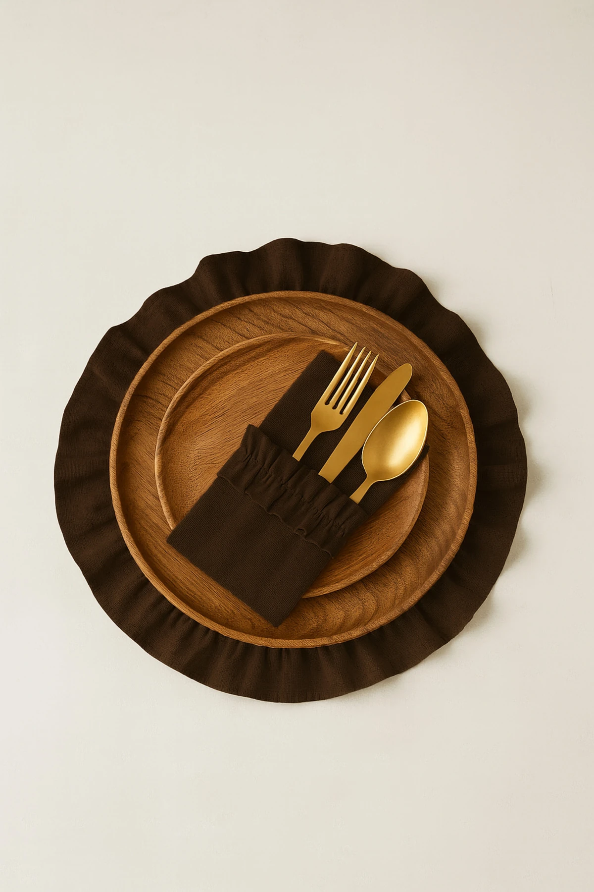 2 Adet Fırfırlı Ham Keten Kaşıklık / Peçetelik – Çatal Kaşık Kılıfı - Kahverengi