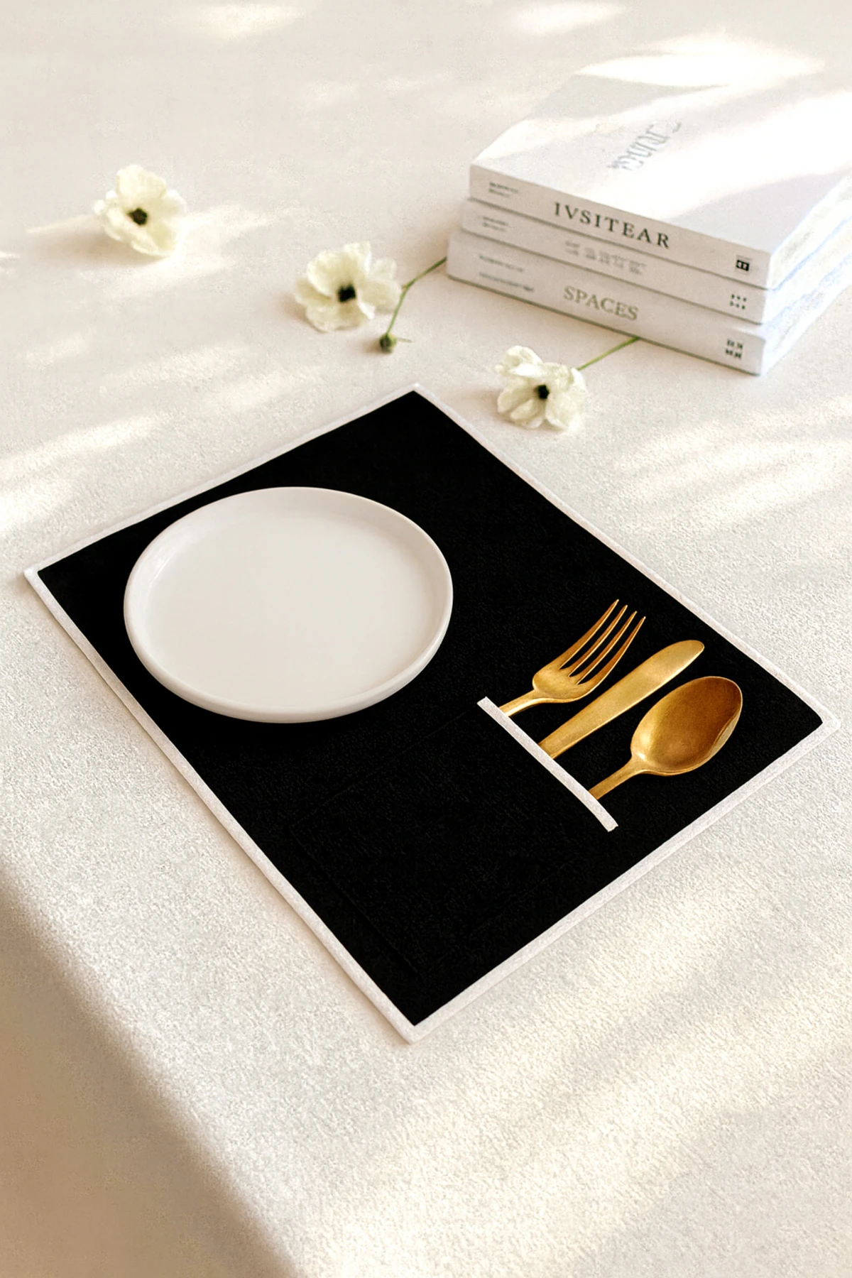 6'lı Biyeli Amerikan Servis Seti | Cep Detaylı Şık Sofra Altlığı - Siyah