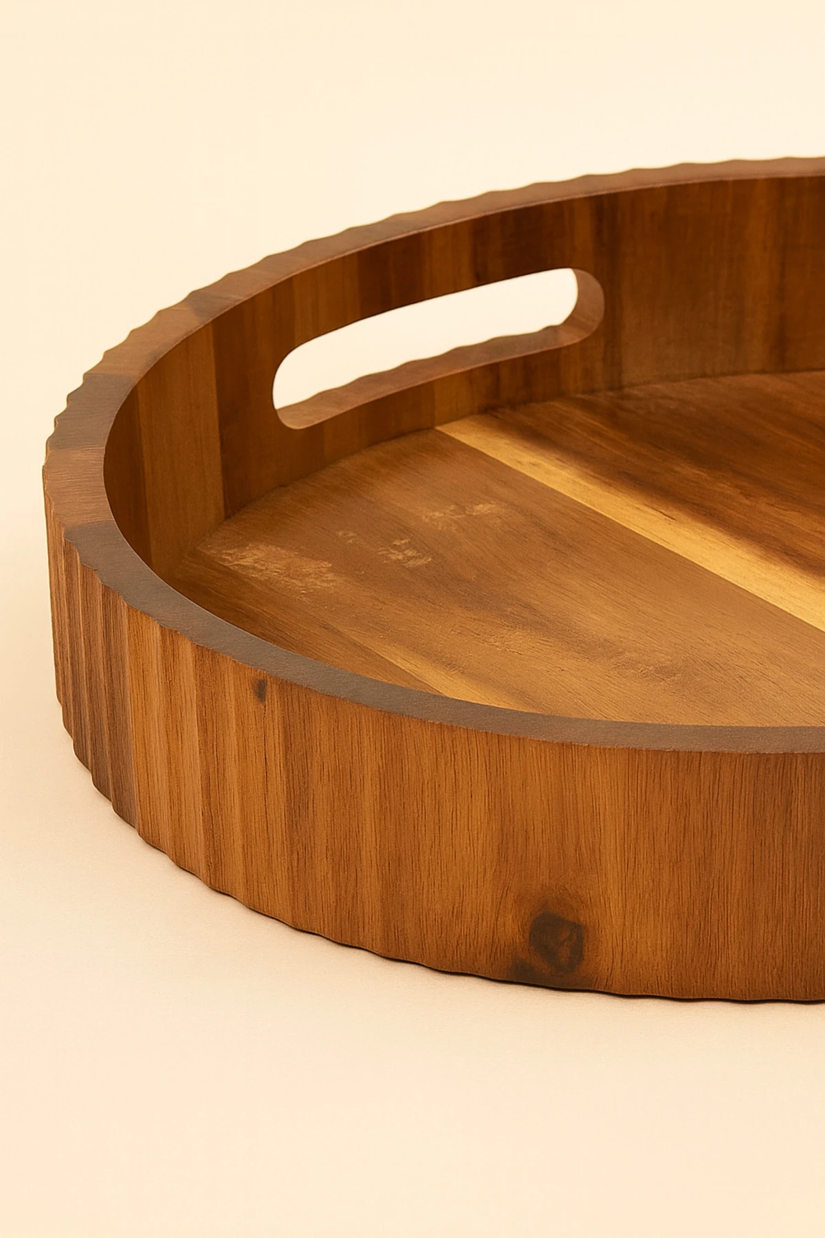 Akasya Ahşap Yuvarlak Tepsi 30 cm – Doğal Sunum ve Servis Tepsisi | Saplı Ahşap Tepsi