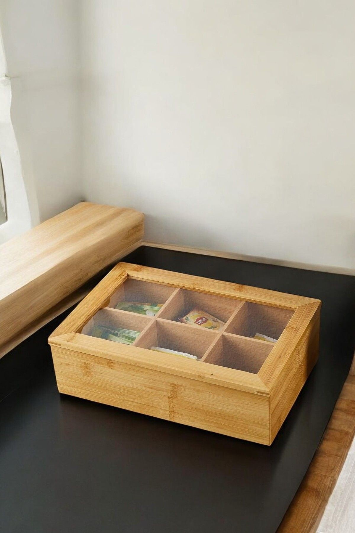 6 Bölmeli Kapaklı Bambu Çay Kutusu - Bambu Organizer