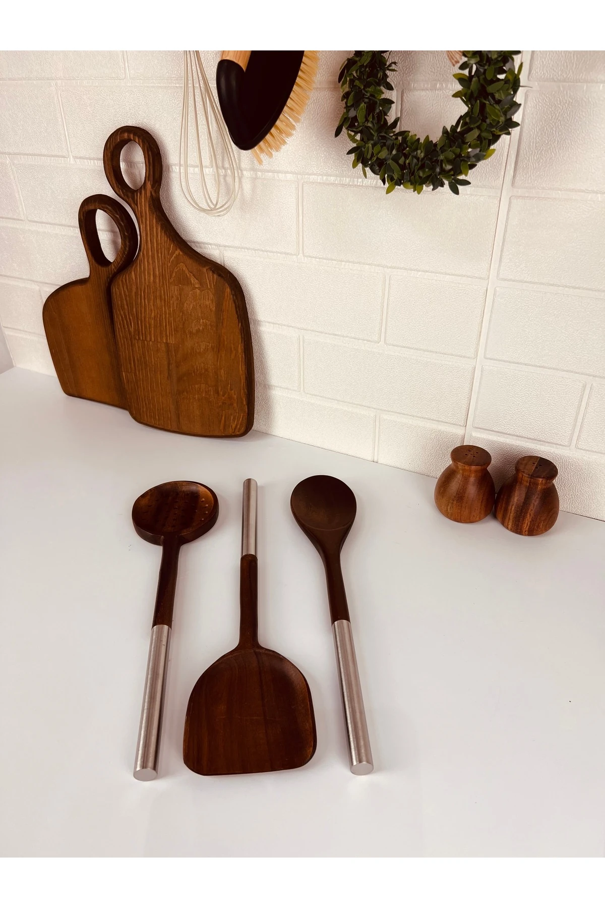 3 Parça Çelik Saplı Akasya Mutfak Gereçleri Seti - Spatula, Kaşık, Kevgir