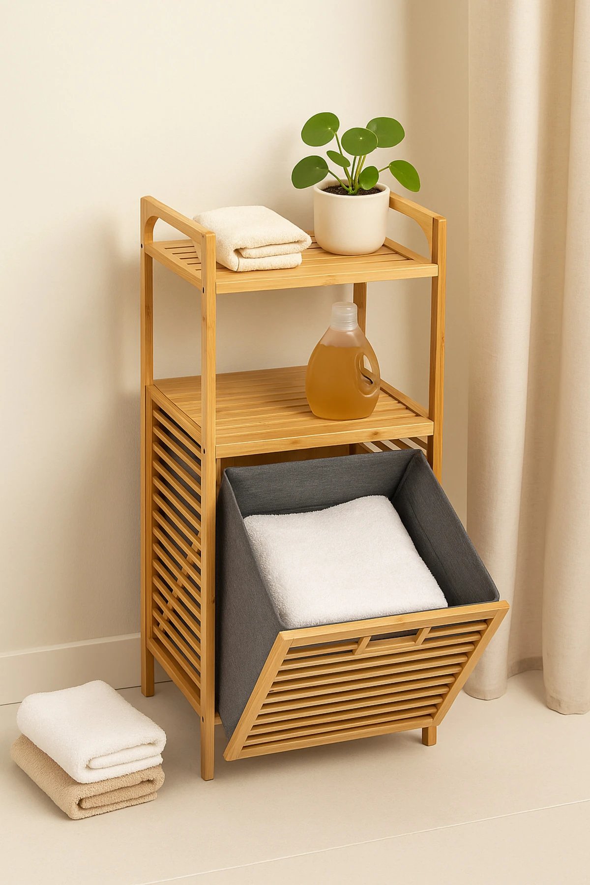 Bambudan Çok Amaçlı Sepetli Çamaşır Sepeti & Raf | 2 Katlı Banyo Düzenleyici