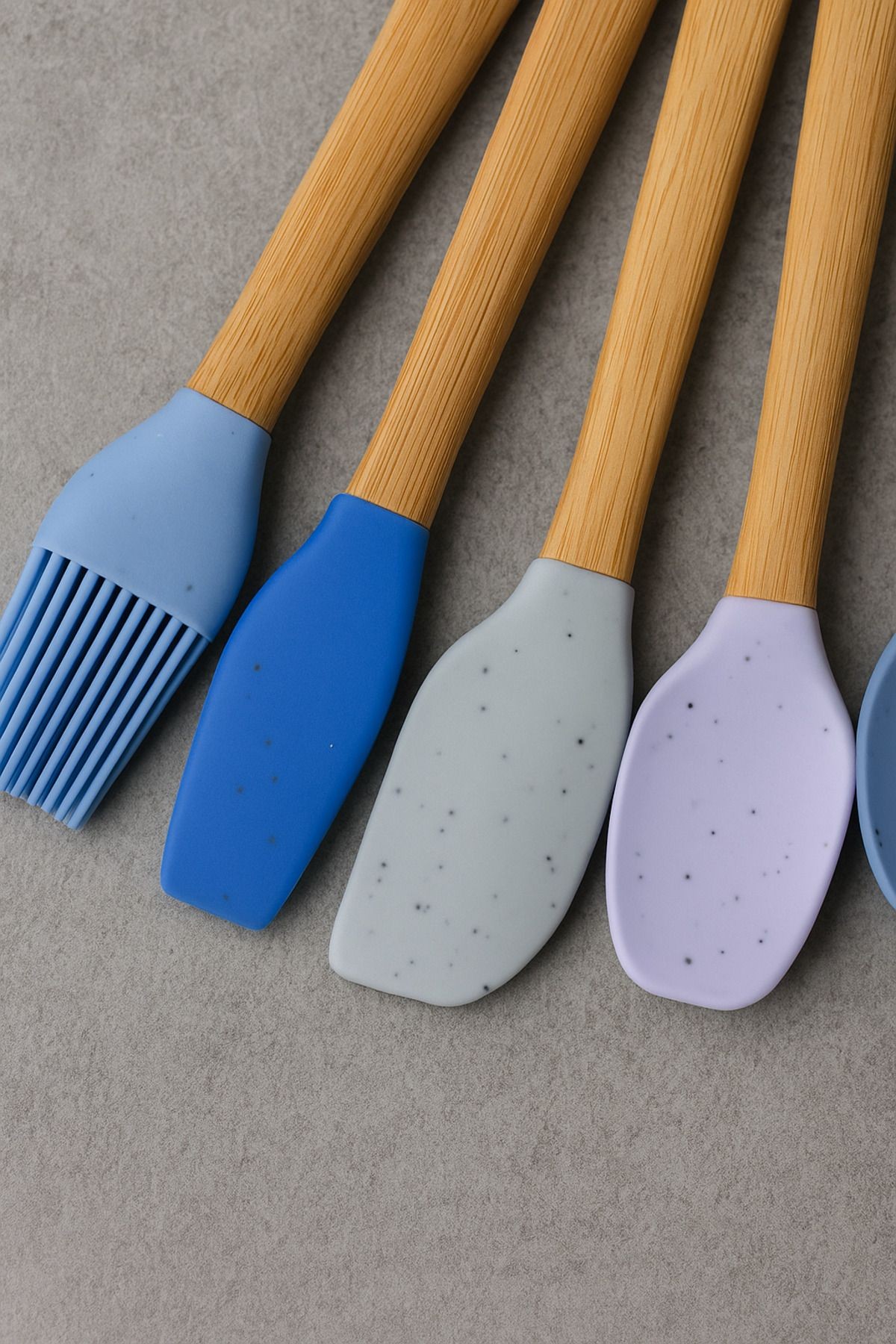 5'li Mini Silikon Uçlu Bambu Saplı Mutfak Spatula Seti – Karıştırıcı Fırça Hamur Kaşık Seti