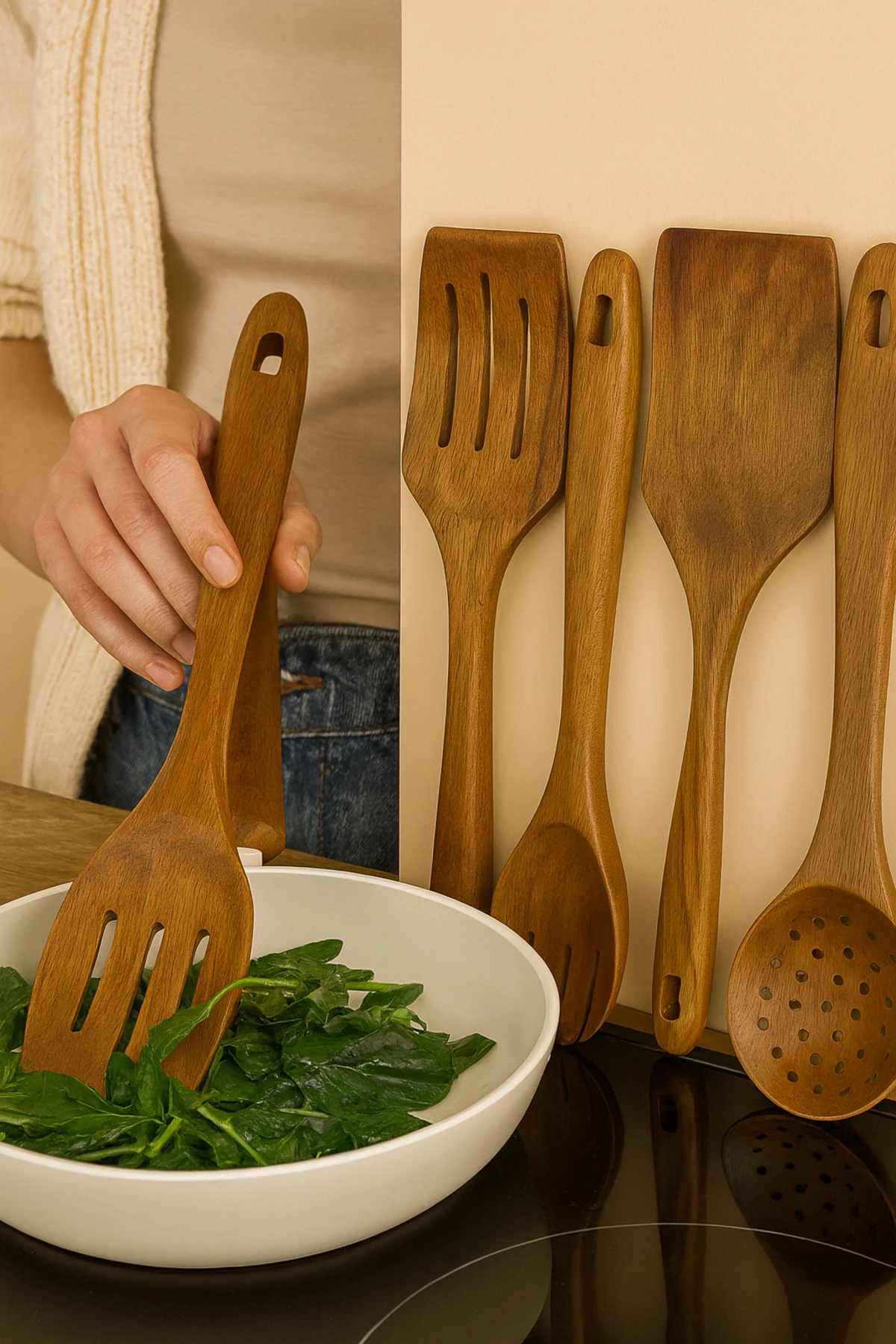 Akasya Ahşap Mutfak Gereçleri Seti 34 cm | Doğal Ahşap Kaşık ve Spatula Seti