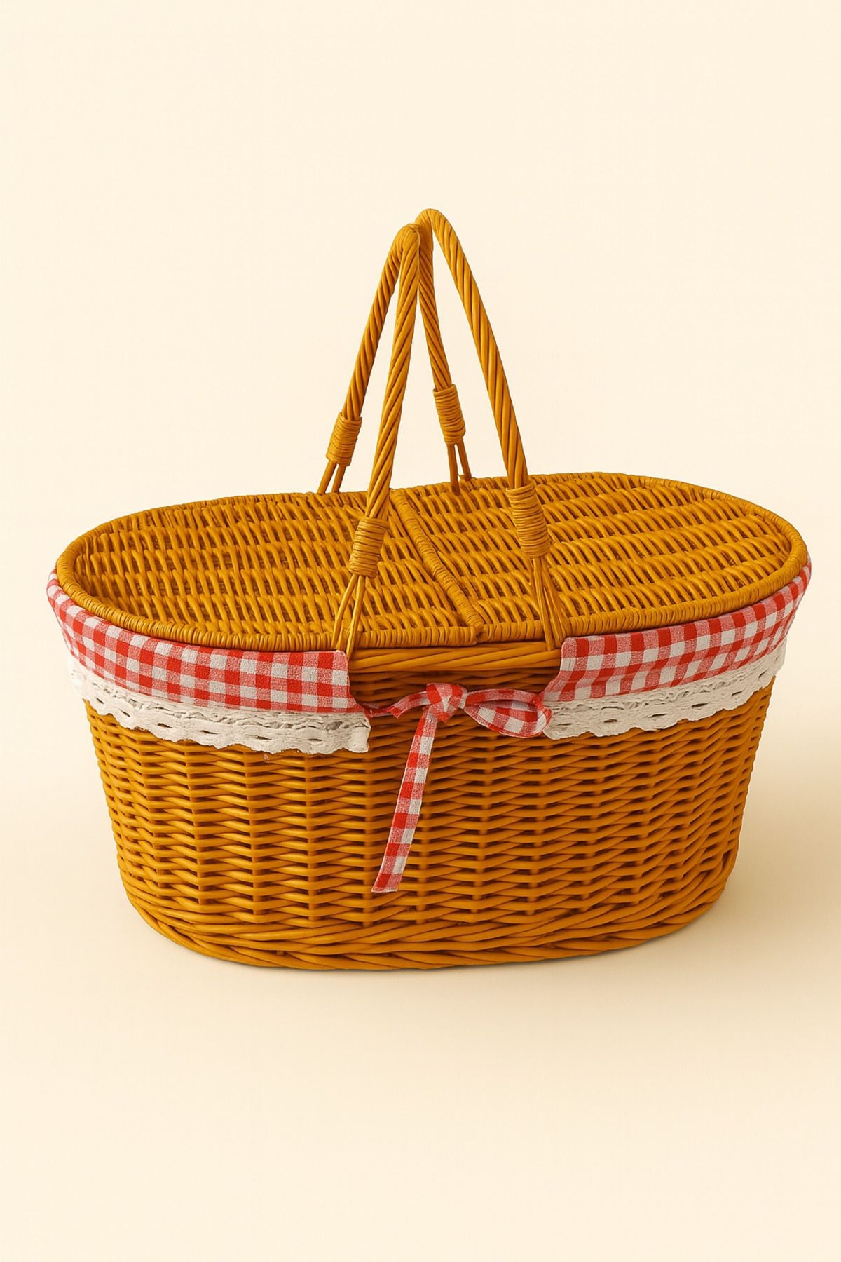 Kapaklı Rattan Piknik Sepeti Kulplu Vintage Dantelli Sepet 40x25x18 cm