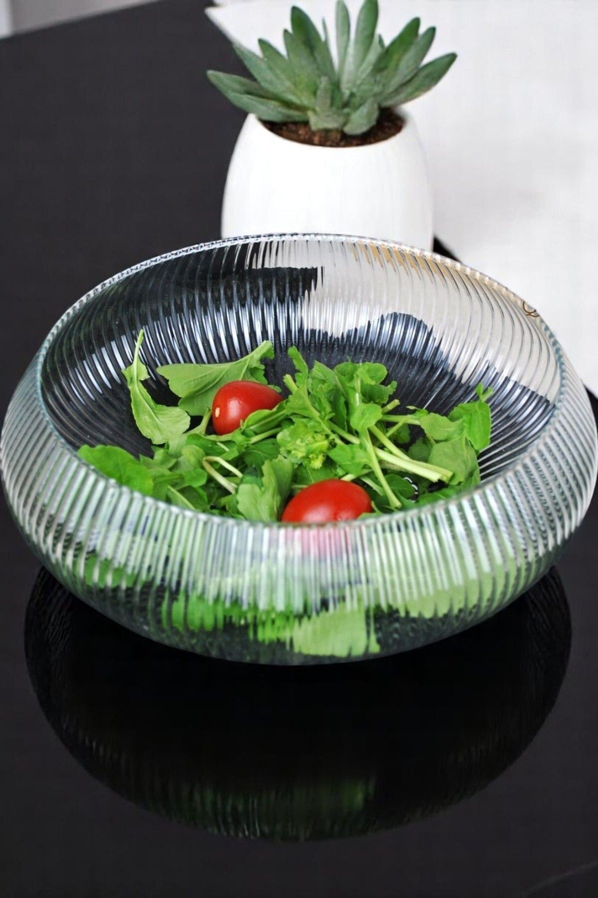 Desenli Büyük Cam Salata Kasesi Şeffaf Yuvarlak Kase 30 cm