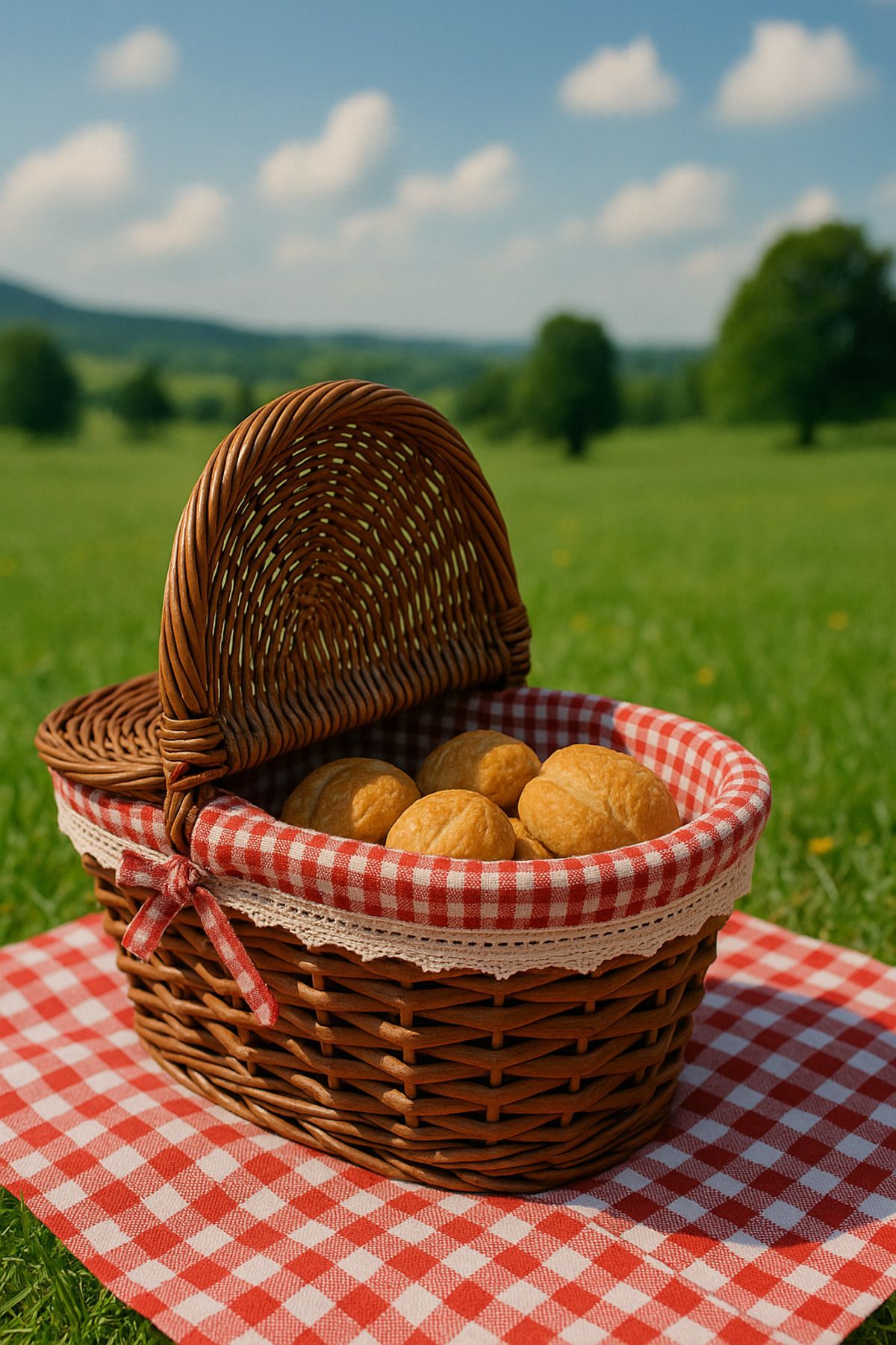 Kırmızı Kareli Kumaş Detaylı Hasır Piknik Sepeti – Kahverengi Kapaklı Rustik Tasarım