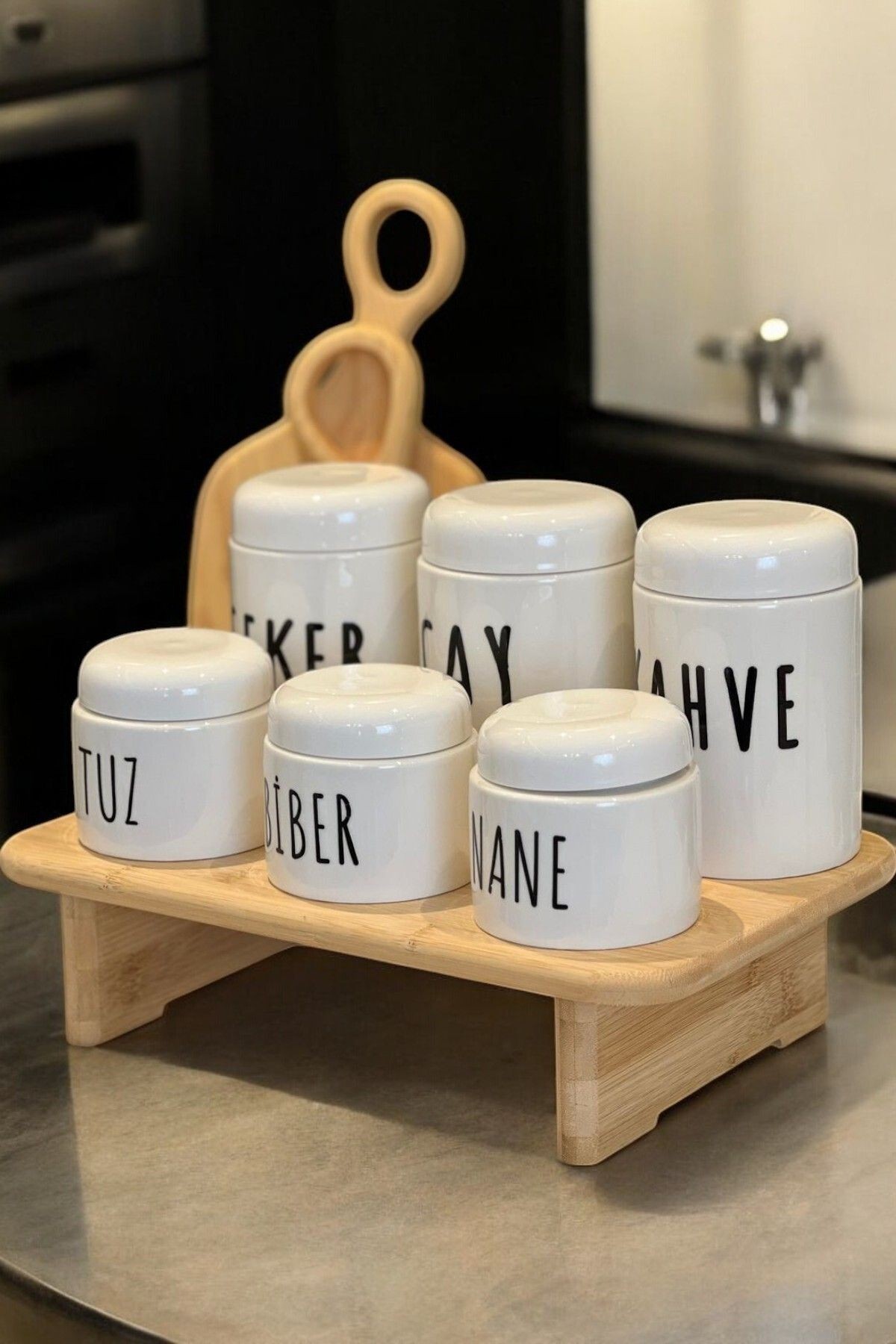 Bambu Standlı 6 lı Porselen Kavanoz Seti | Çay Kahve Şeker ve Baharatlık Kavanoz