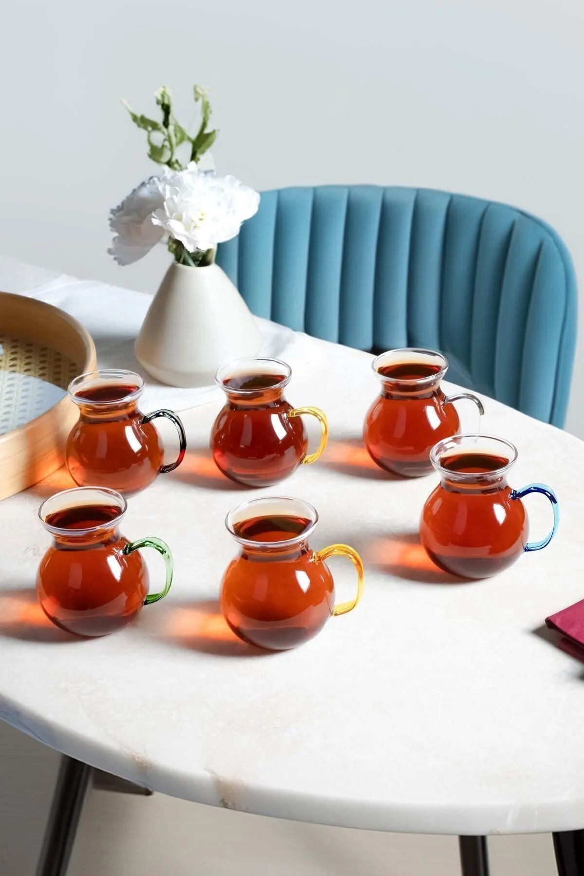 6'lı Keyfi Ala Çizgili Borosilikat Cam Kulplu Çay Bardağı 220ml Bardak -  6 Farklı Kulp Rengi