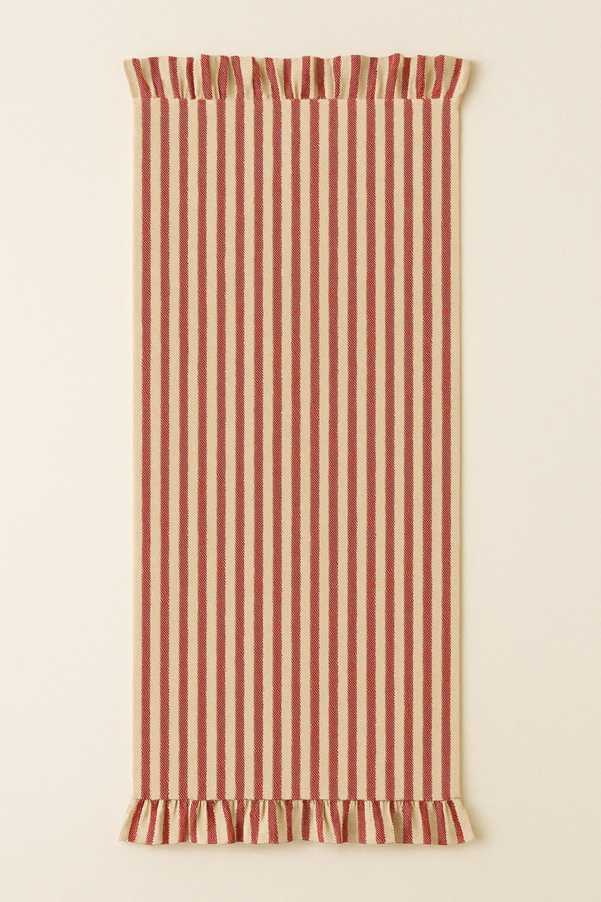 Fırfırlı Pudra Çizgili Keten Runner 40x150 cm - kırmızı