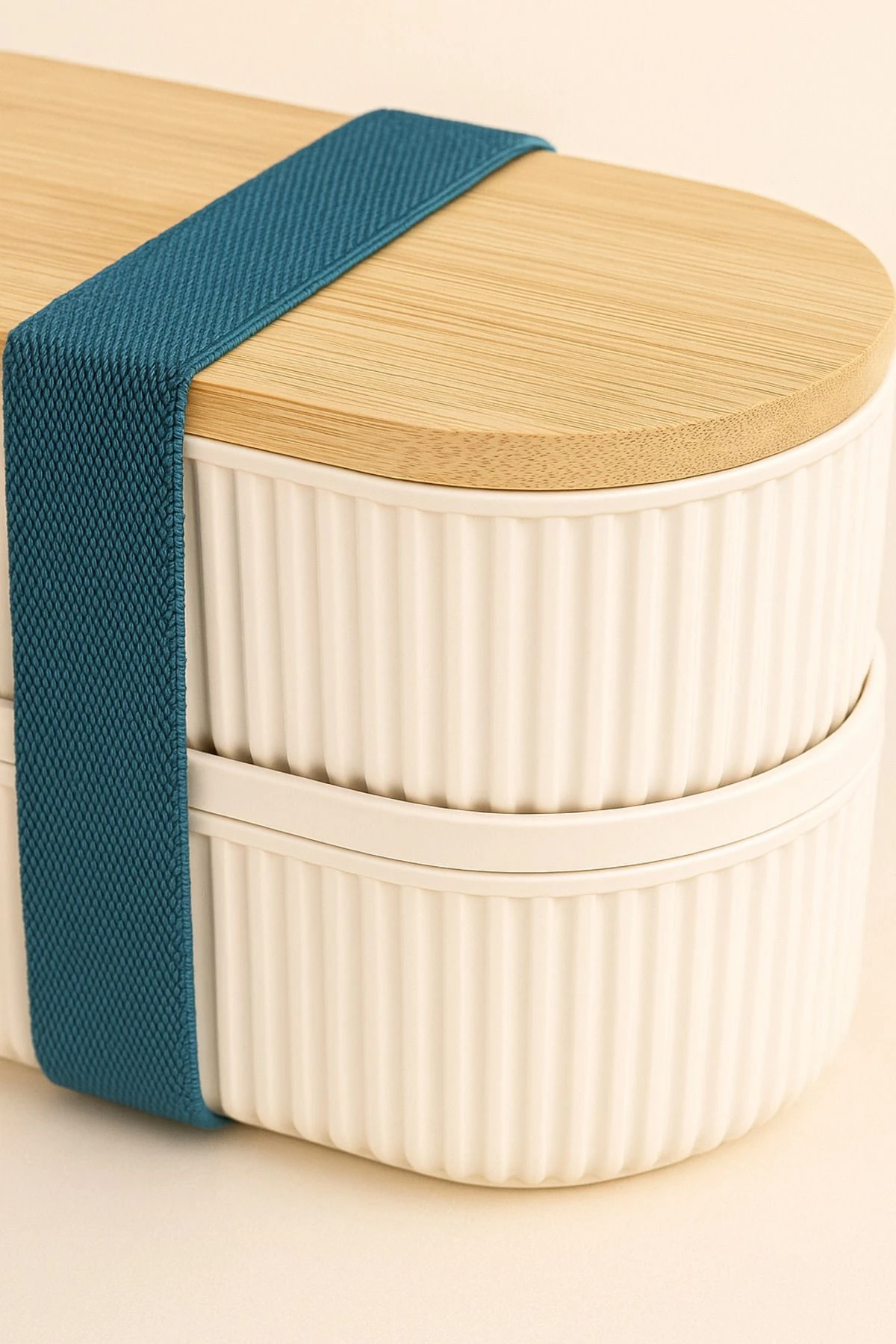 İkili Bambu Kapaklı Saklama Kabı – Taşınabilir Yemek Kabı Seti - krem