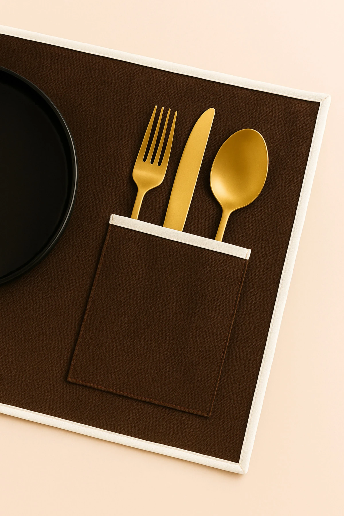 6'lı Biyeli Amerikan Servis Seti | Cep Detaylı Şık Sofra Altlığı - Kahverengi