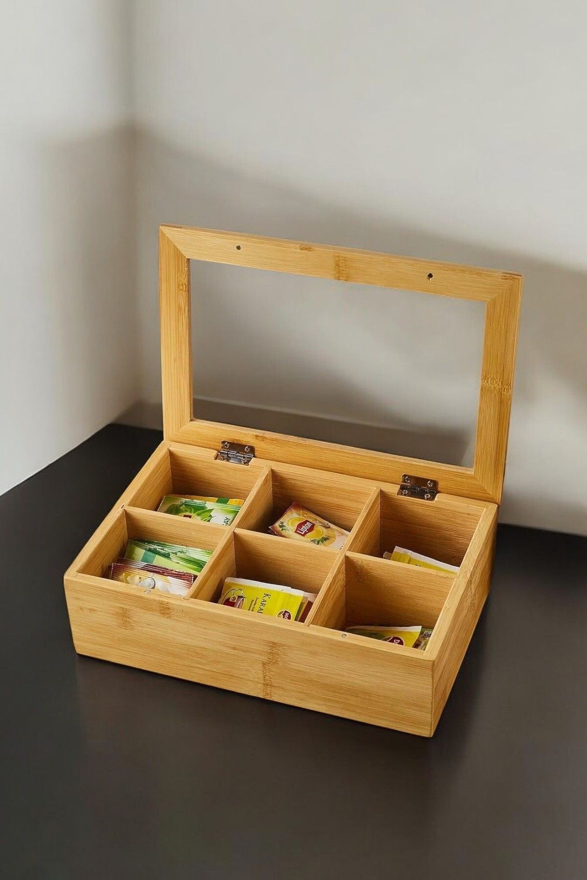 6 Bölmeli Kapaklı Bambu Çay Kutusu - Bambu Organizer