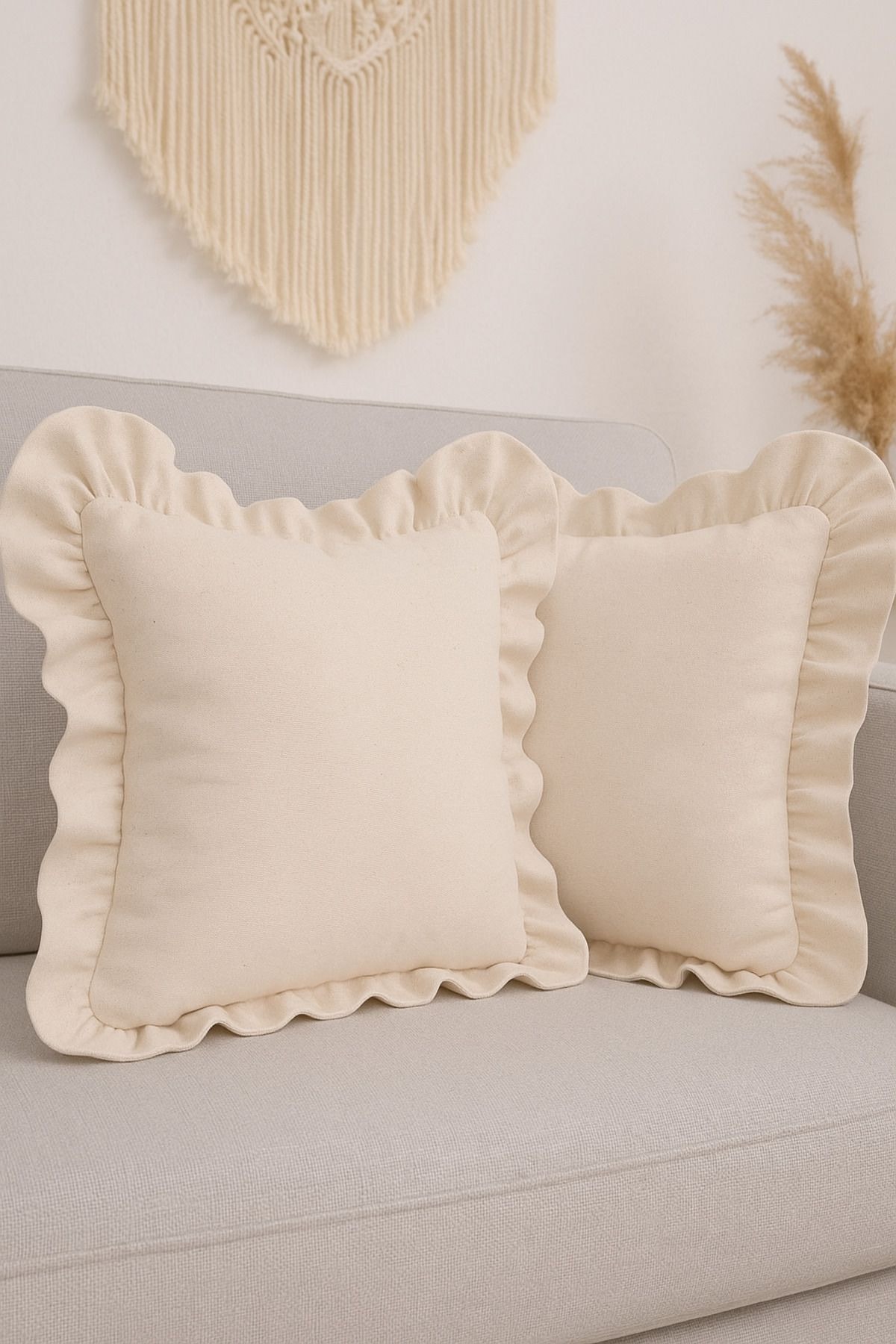 Fırfırlı Ham Keten Vintage Kırlent Kılıfı 43x43 cm - Keten Kırlent