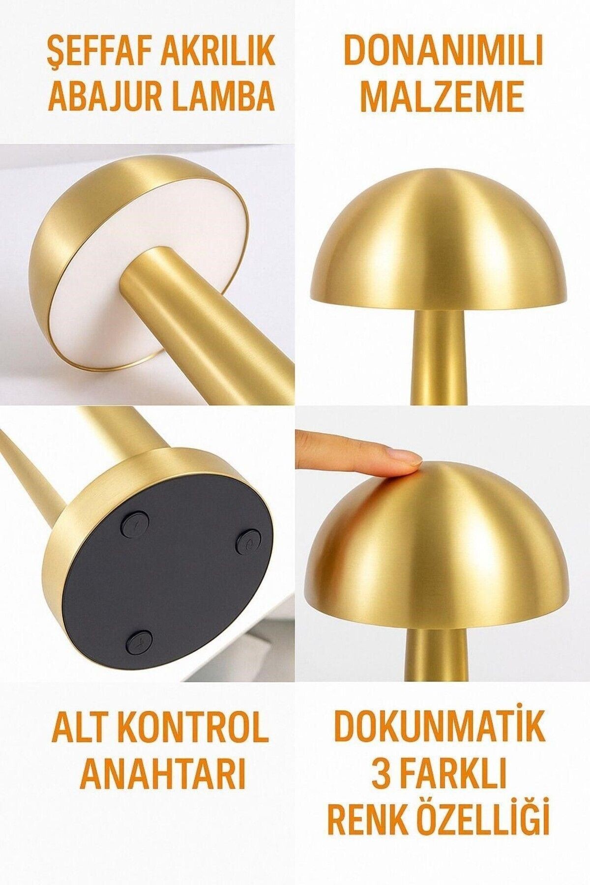Mantar Formlu Gold Şarjlı Dokunmatik Masa Lambası – 3 Renk Ayarlanabilir LED