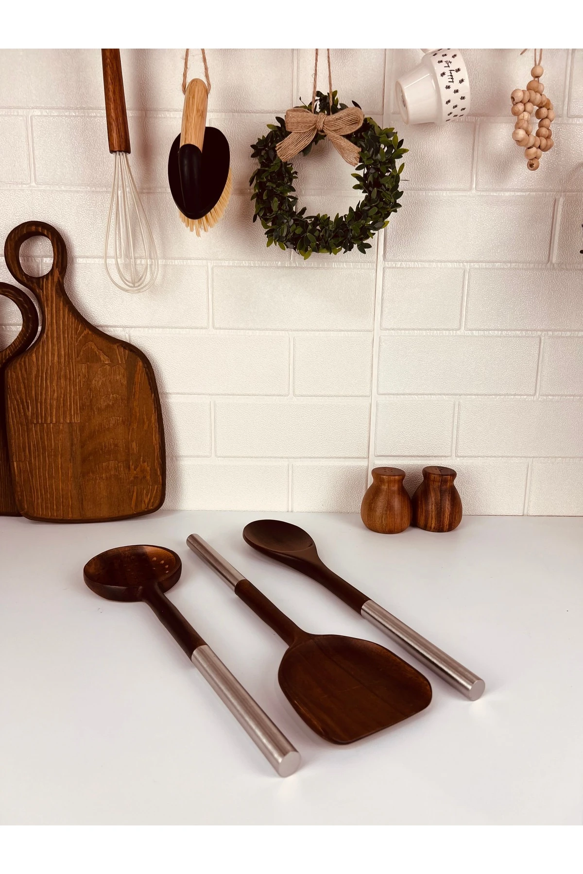 3 Parça Çelik Saplı Akasya Mutfak Gereçleri Seti - Spatula, Kaşık, Kevgir