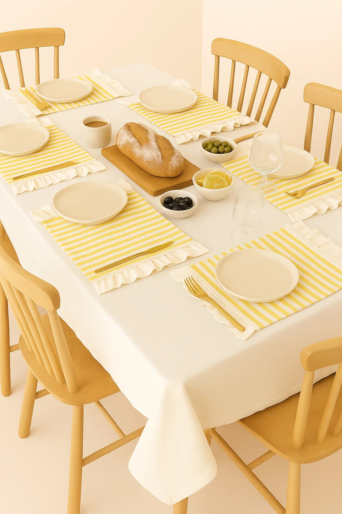 Sarı Çizgili Fırfır Detaylı Keten Amerikan Servis 2’li Set
