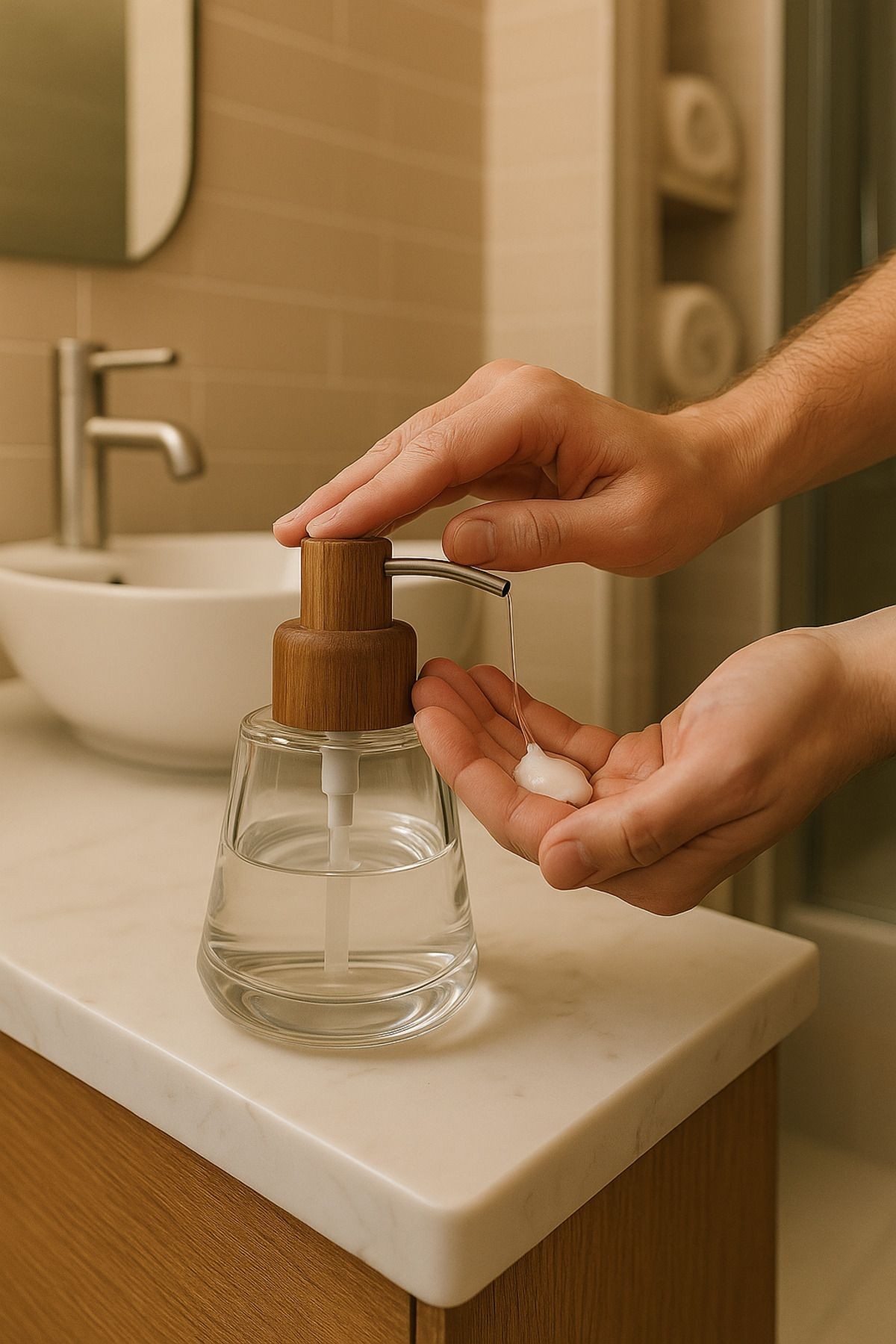 Akasya Kapaklı Cam Sıvı Sabunluk – Şık Banyo ve Mutfak Sabunluk