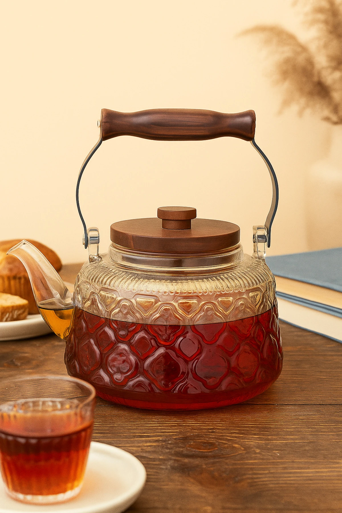 Süzgeçli Motifli Cam Akasya Demlik | 1 L