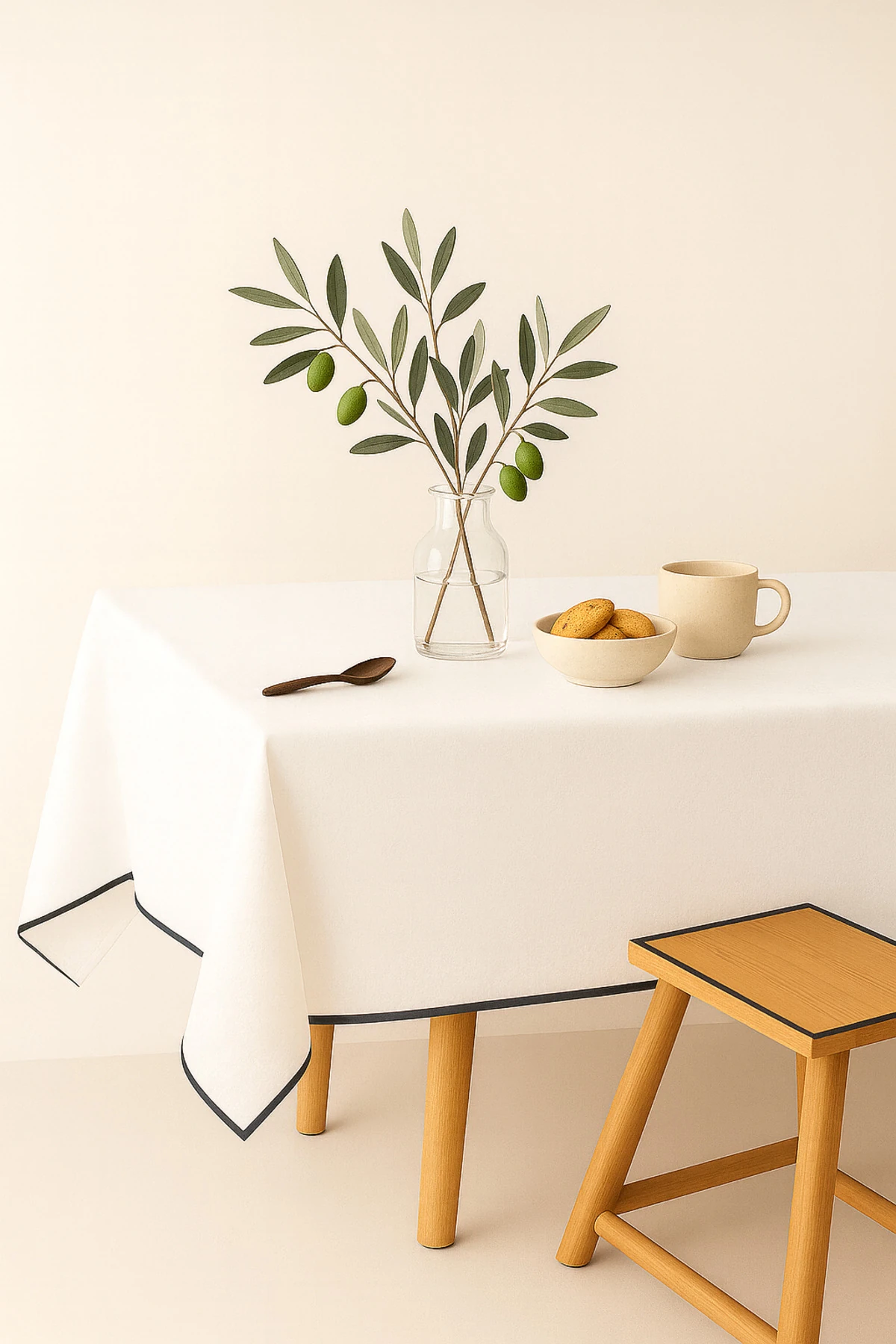 Biyeli Beyaz Keten Masa Örtüsü - 4, 6 Kişilik ve Kare Masa Seçenekli