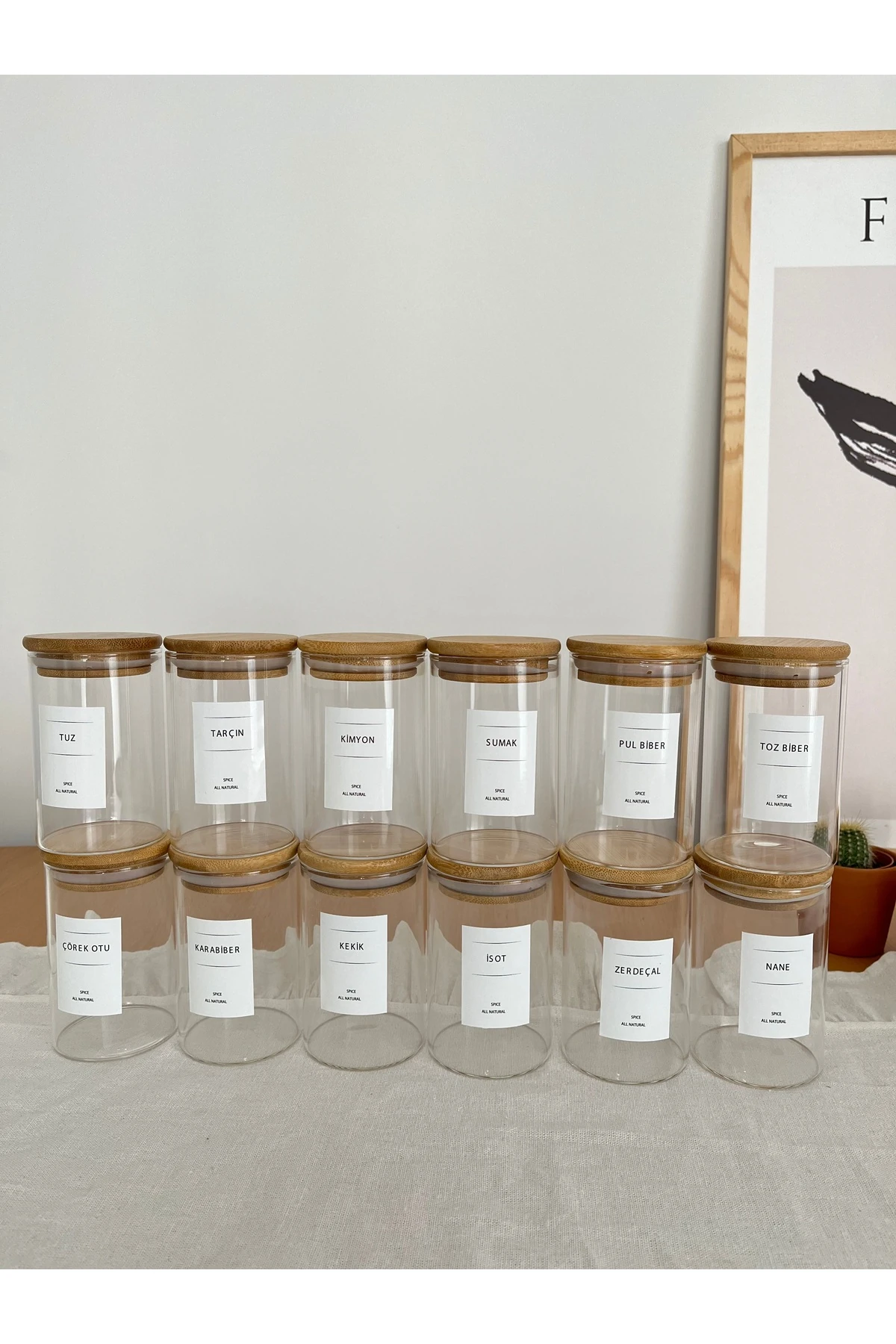 Bambu Kapaklı Baharatlık Seti - 250 ml Bambu Kapaklı Cam Baharatlık