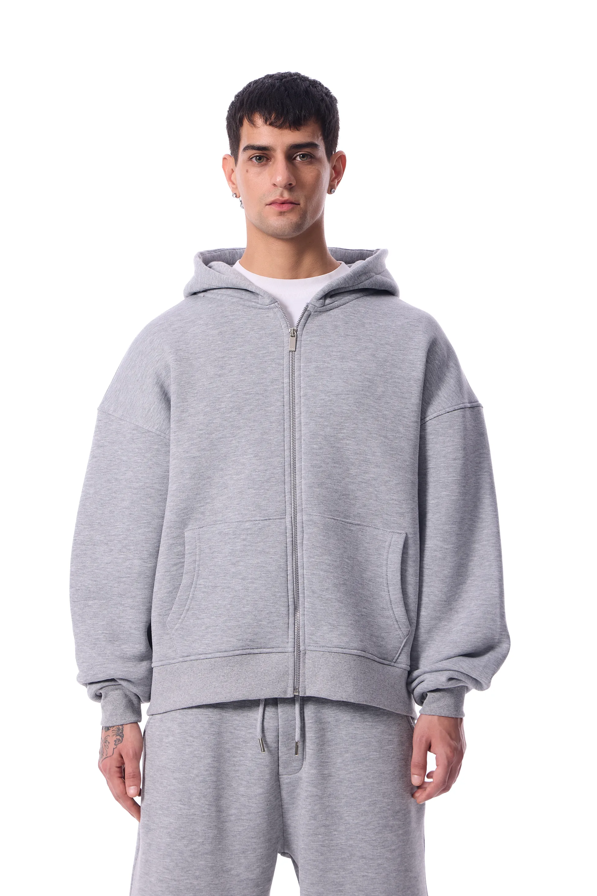 Basic Premium Zipper Oversize Hoodie - Gri