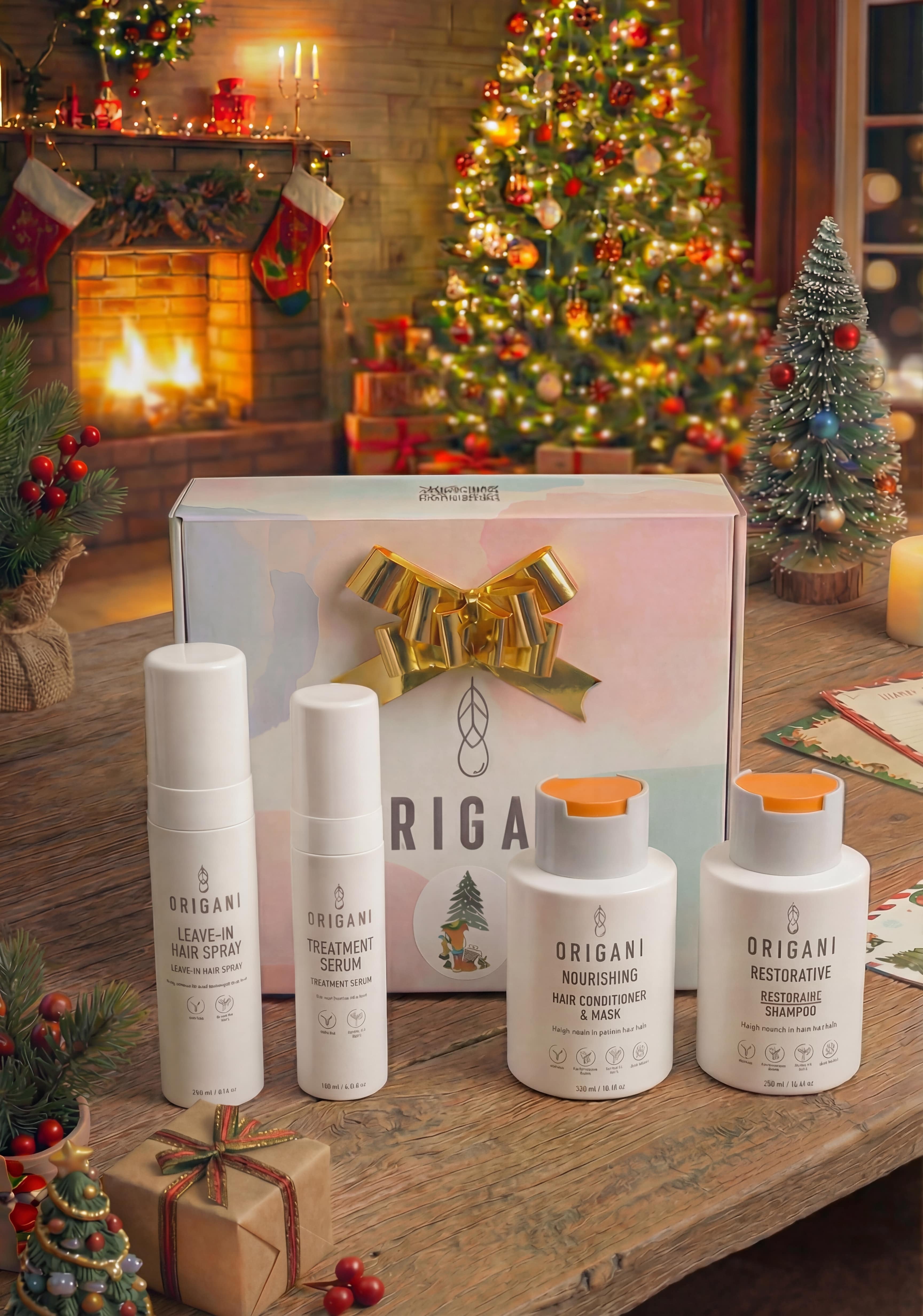 Origani Yılbaşı Özel Kişiye Özel Kadın Saç Bakım Seti | Doğal İçerikli Şampuan, Saç Kremi, Bakım Serumu ve Şekillendirici