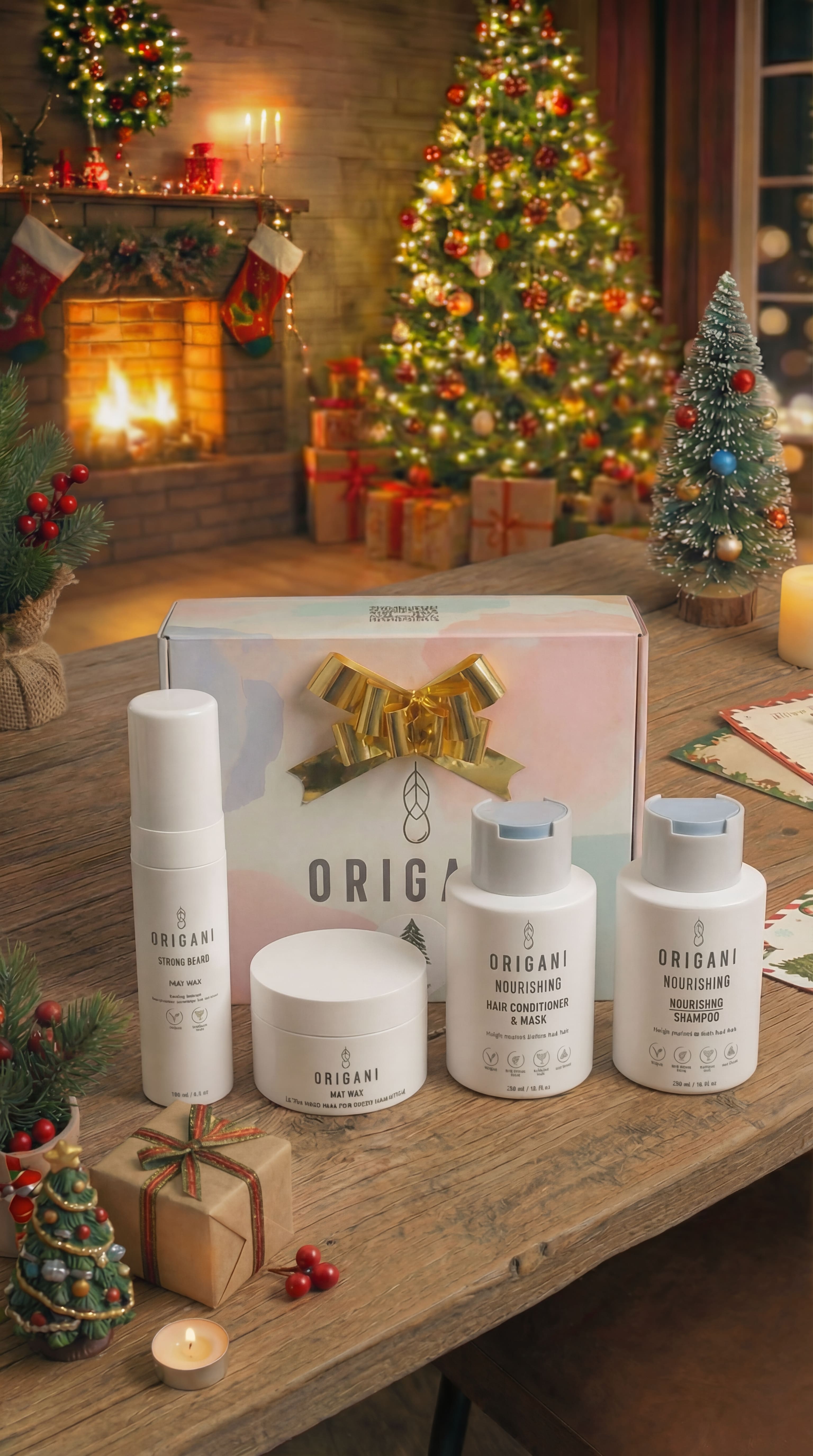 Origani Yılbaşı Özel Erkek Saç Bakım Seti | Doğal İçerikli Şampuan, Saç Kremi, Bakım Serumu ve Şekillendirici