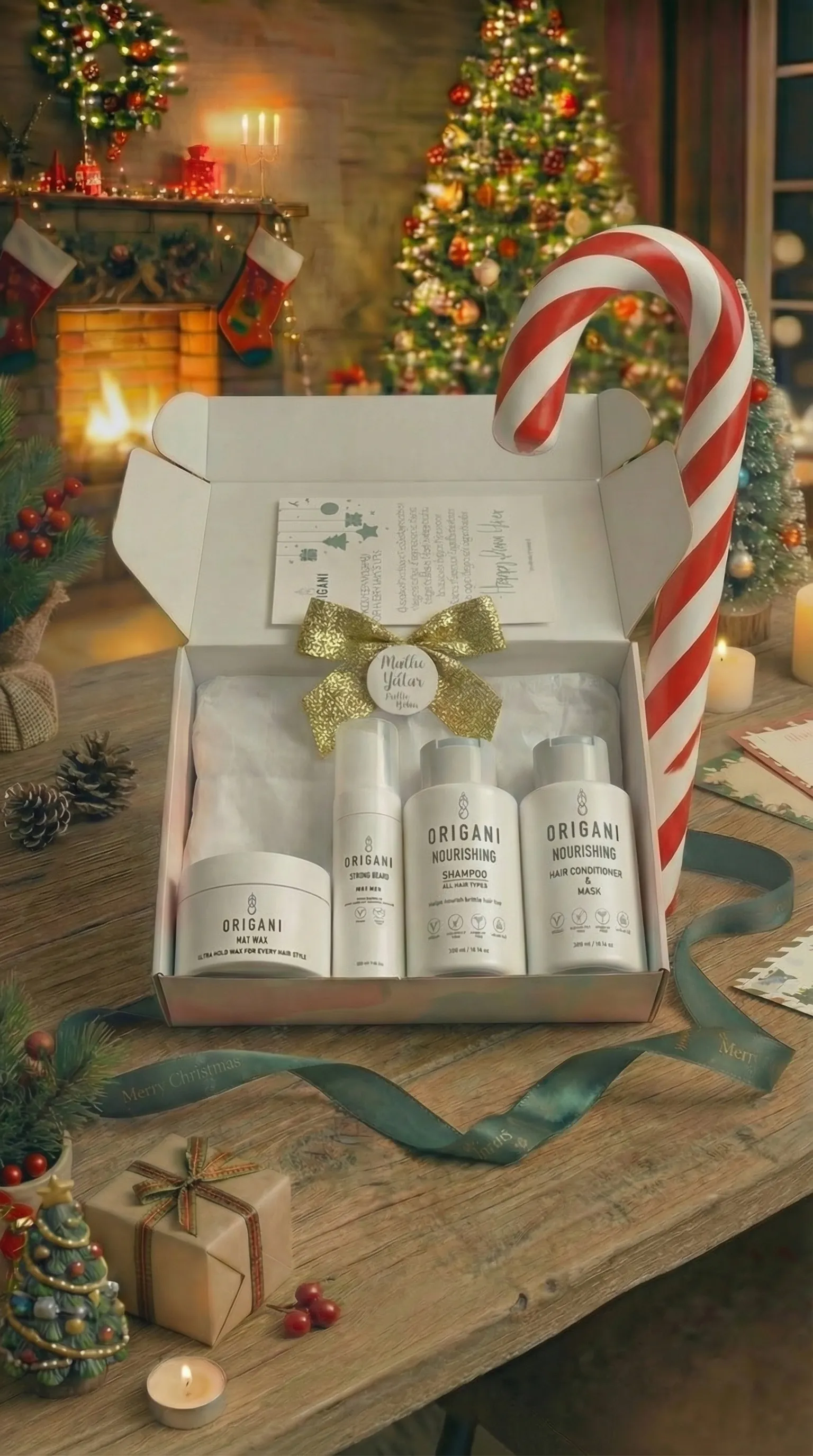 Origani Yılbaşı Özel Erkek Saç Bakım Seti | Doğal İçerikli Şampuan, Saç Kremi, Bakım Serumu ve Şekillendirici