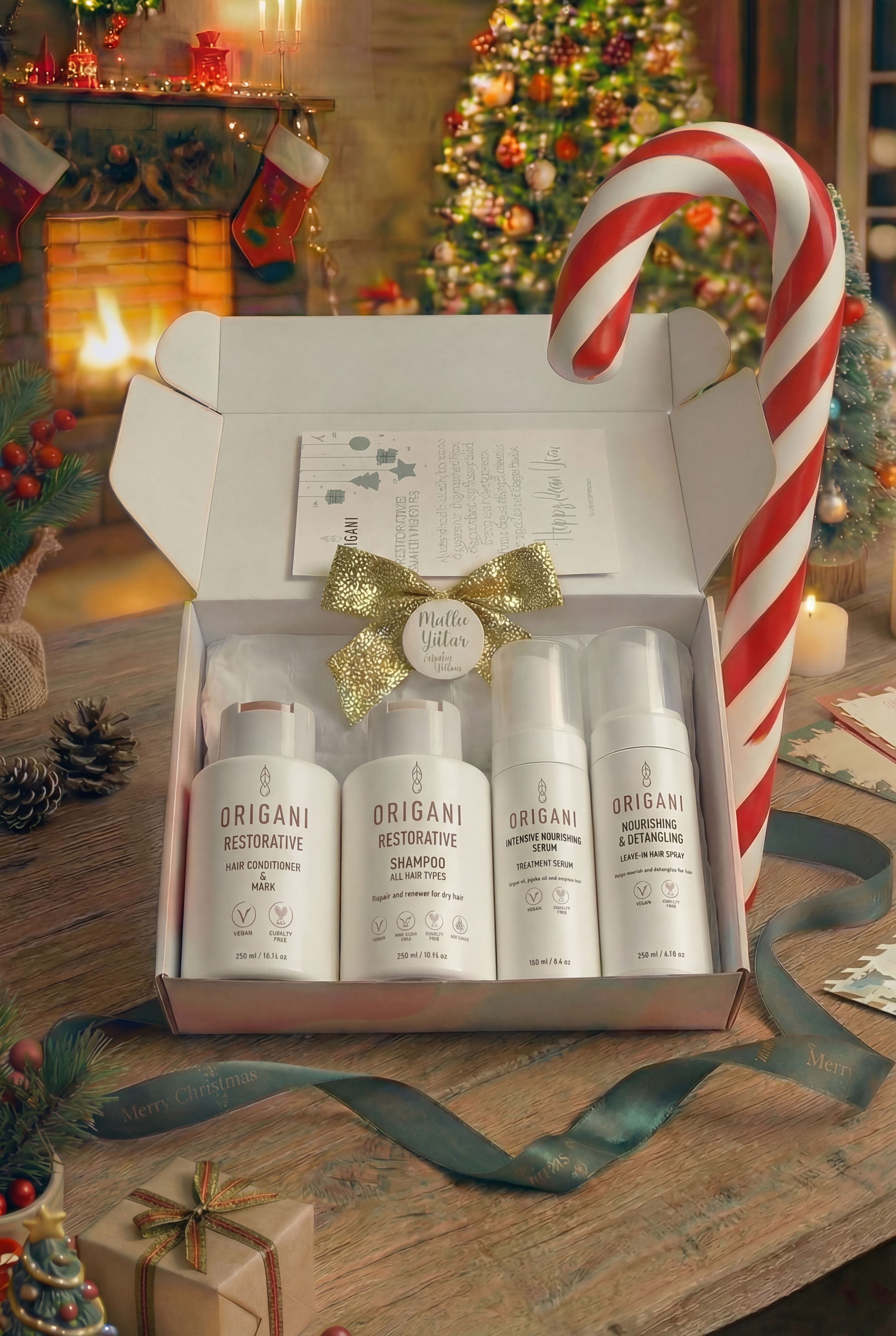 Origani Yılbaşı Özel Kişiye Özel Kadın Saç Bakım Seti | Doğal İçerikli Şampuan, Saç Kremi, Bakım Serumu ve Şekillendirici