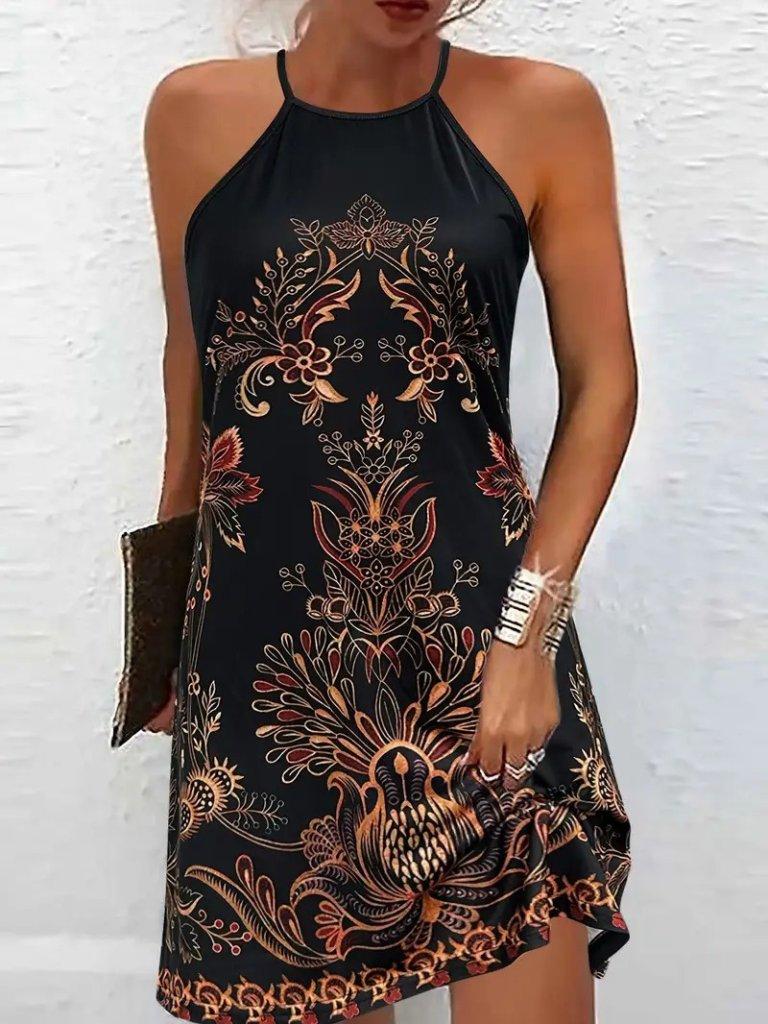 ETNİK DESENLİ İP ASKILI SİYAH ELBİSE 