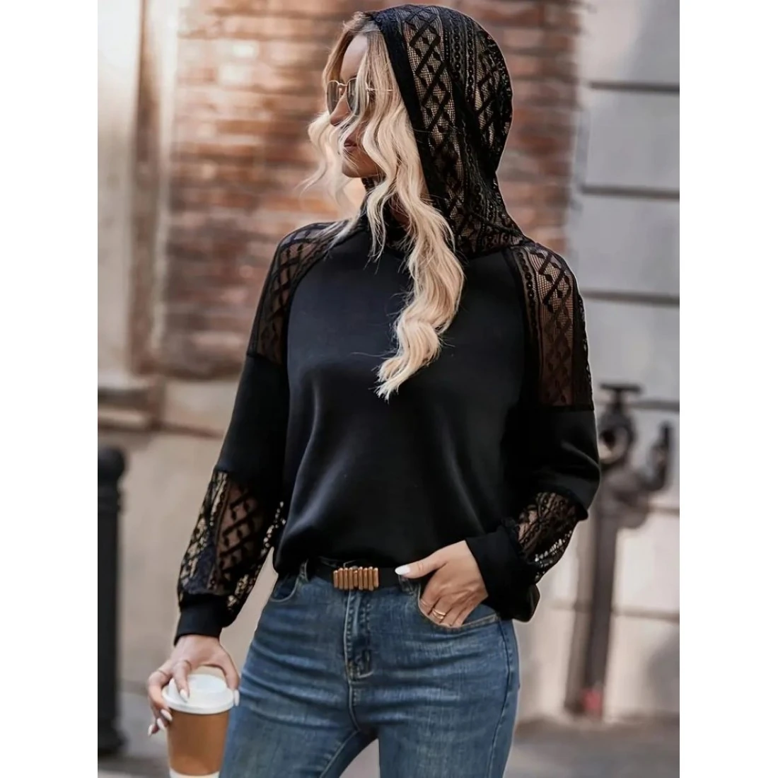 UZUN KOLLU DANTELLİ KAPŞONLU İKİ İPLİK SİYAH BLUZ