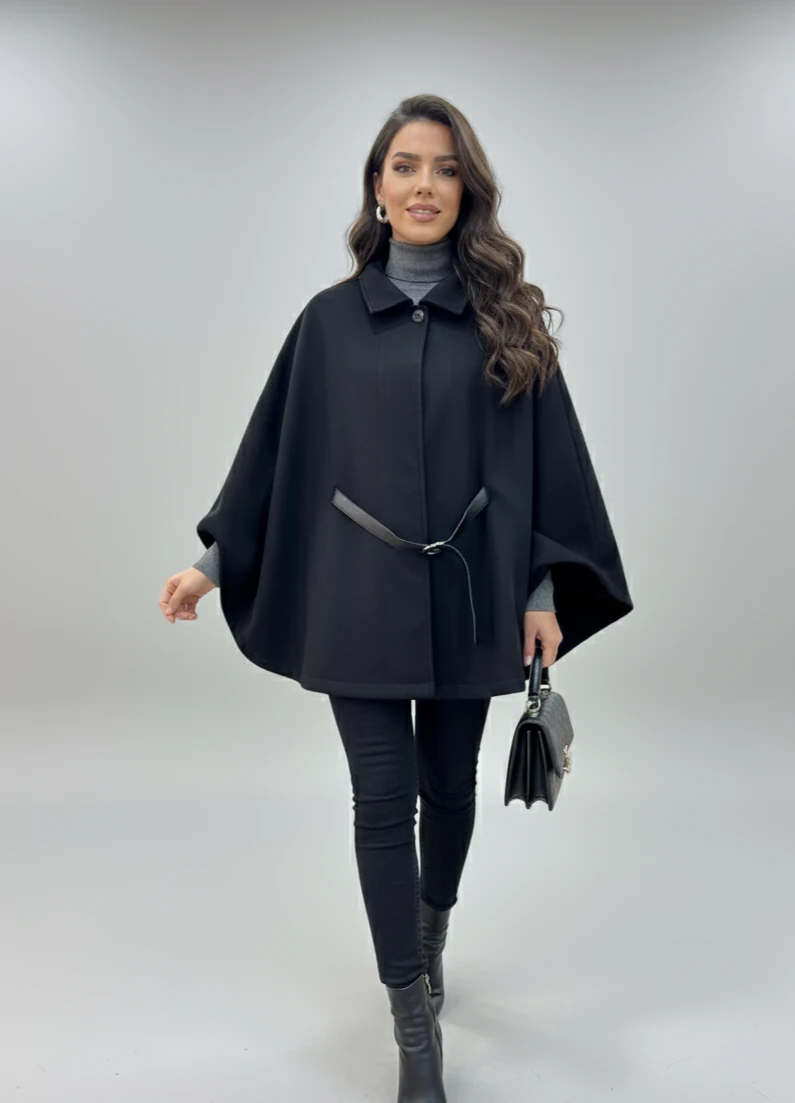 KEMERLİ SİYAH KAŞE PANÇO 