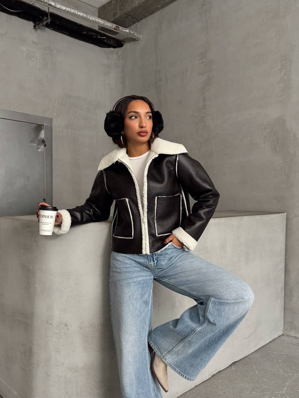 VEGAN DERİ PELUŞ DESEN FERMUARLI MONT