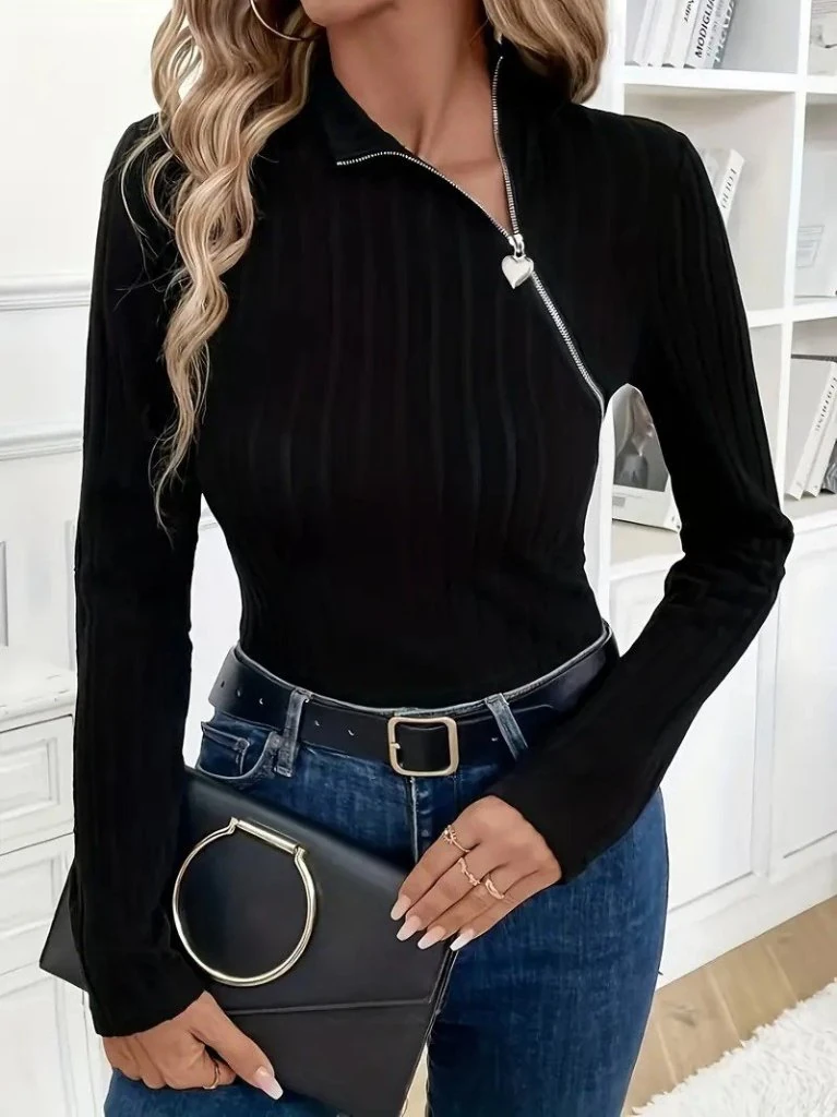 BALIKÇI YAKA KAŞKORSE FERMUARLI SİYAH BLUZ