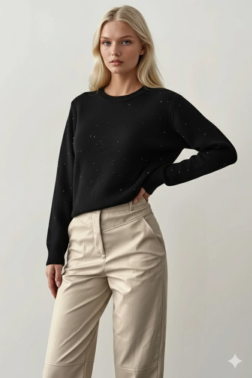 BİSİKLET YAKA SİYAH PULLU KAZAK