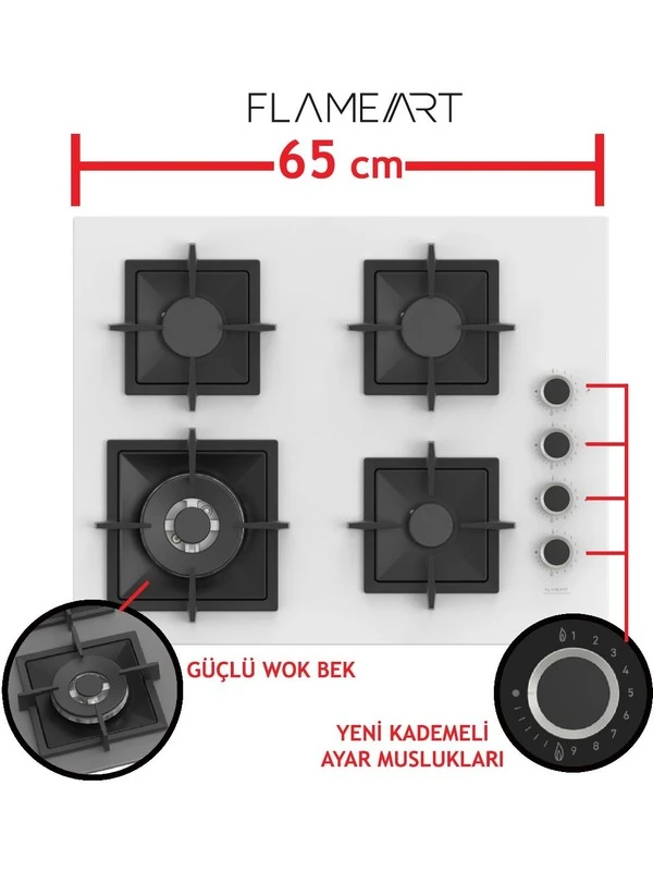 Flowart-Sılentart Serisi Beyaz Set (SC406-WFA + QBL63CB +D078-SA) - Döküm Izgara / 65 cm Ocak