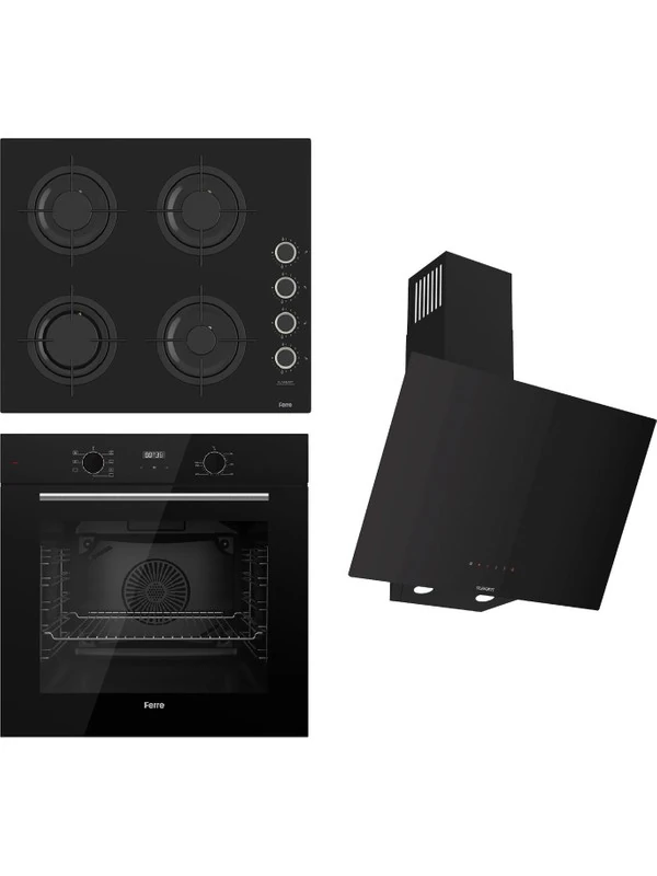 Flowart-Sılentart-Flameart Serisi Siyah Set (CS205-FA + QBL63CS +D077-SA ) - Emaye Izgara / Kademeli Musluk