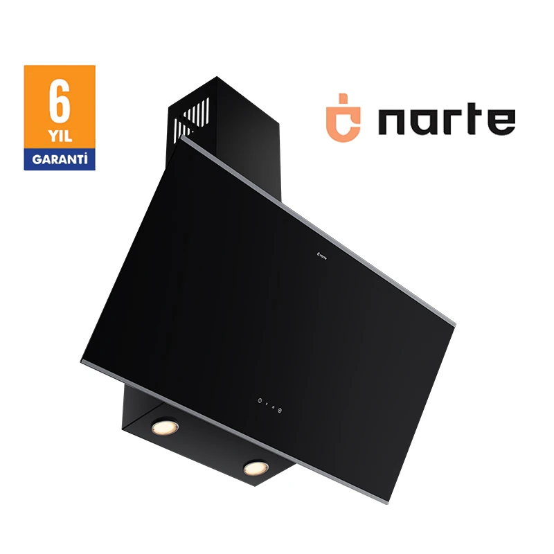 NARTE -H20090BX 90 CM Siyah Cam Inox Çıtalı Eğimli Davlumbaz - 6 YIL GARANTİLİ