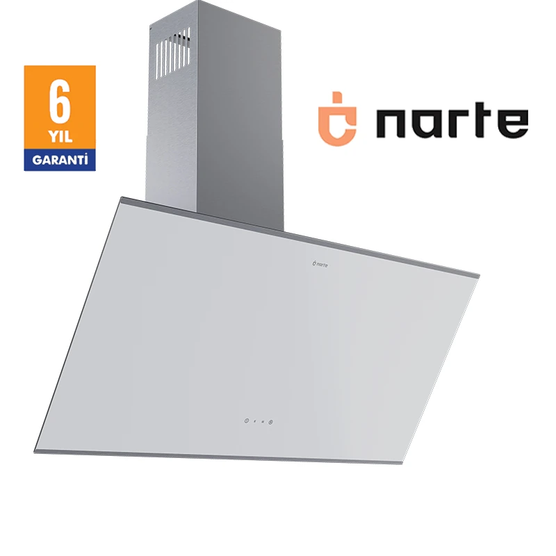 NARTE -H20090W 90 CM Beyaz Cam Inox Çıtalı Eğimli Davlumbaz - 6 YIL GARANTİLİ