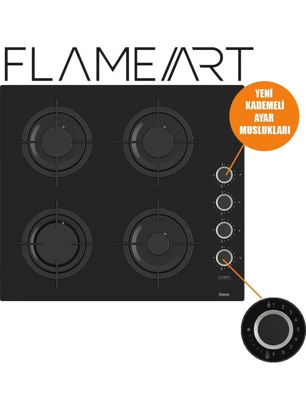 Flowart-Flameart Serisi Siyah Set (CS205-FA + QBL63CS +D063) - Emaye Izgara / Kademeli Musluk