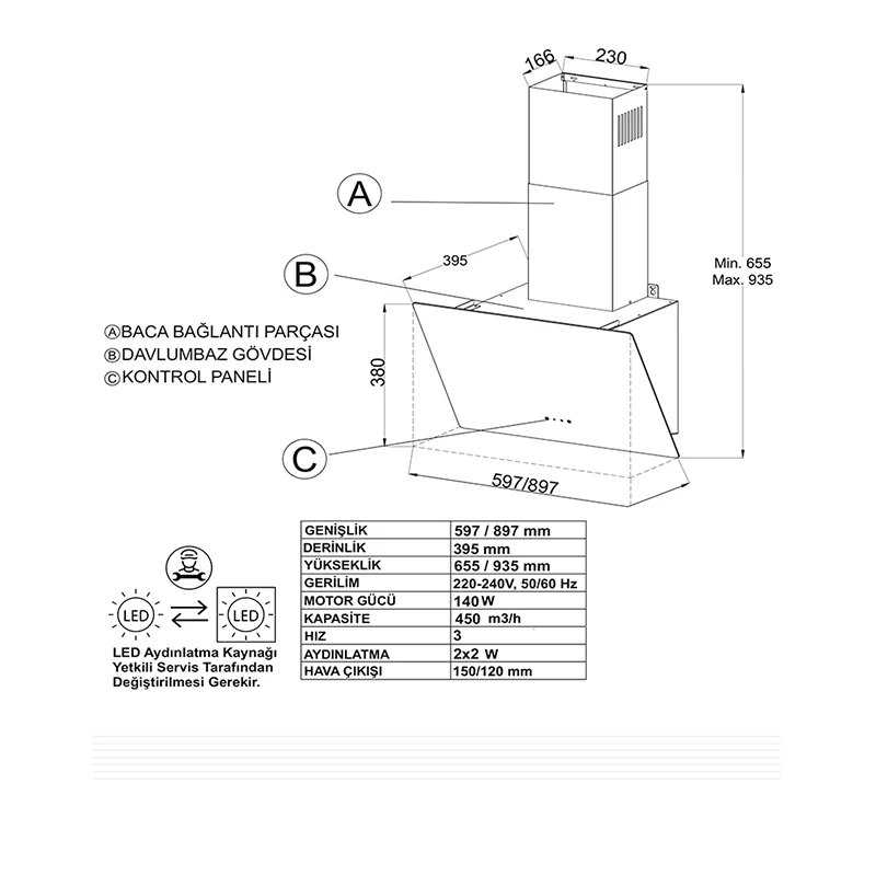NARTE-H20160S 60CM GRİ CAM EĞİMLİ DAVLUMBAZ - 6 YIL GARANTİLİ