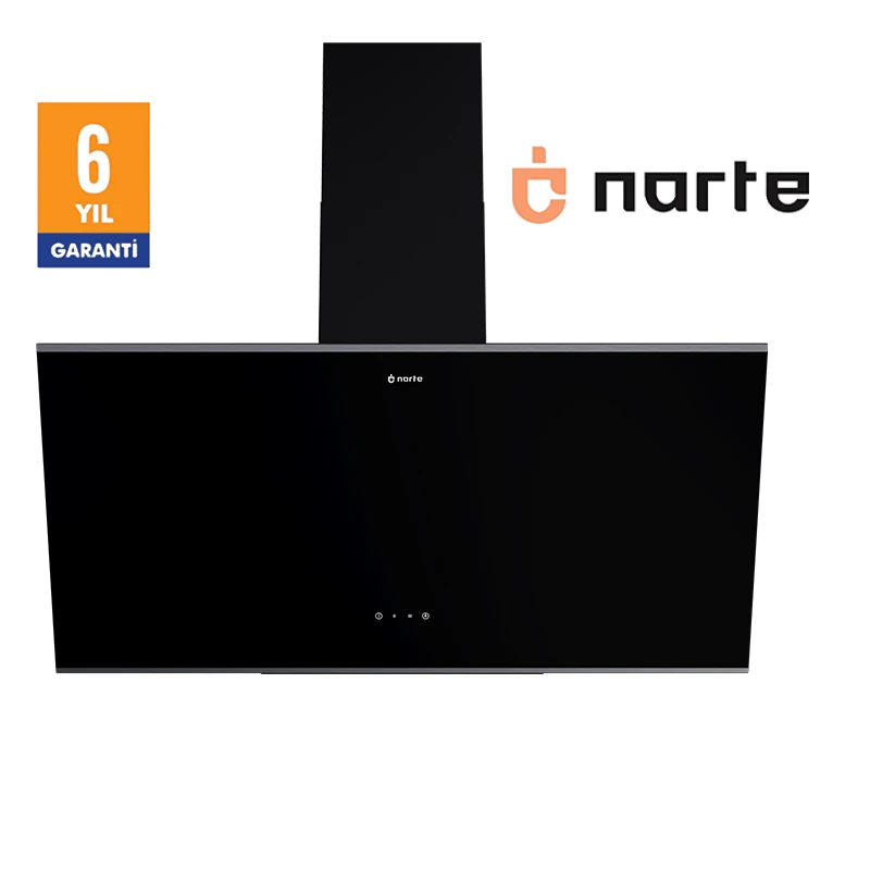 NARTE -H20090BX 90 CM Siyah Cam Inox Çıtalı Eğimli Davlumbaz - 6 YIL GARANTİLİ